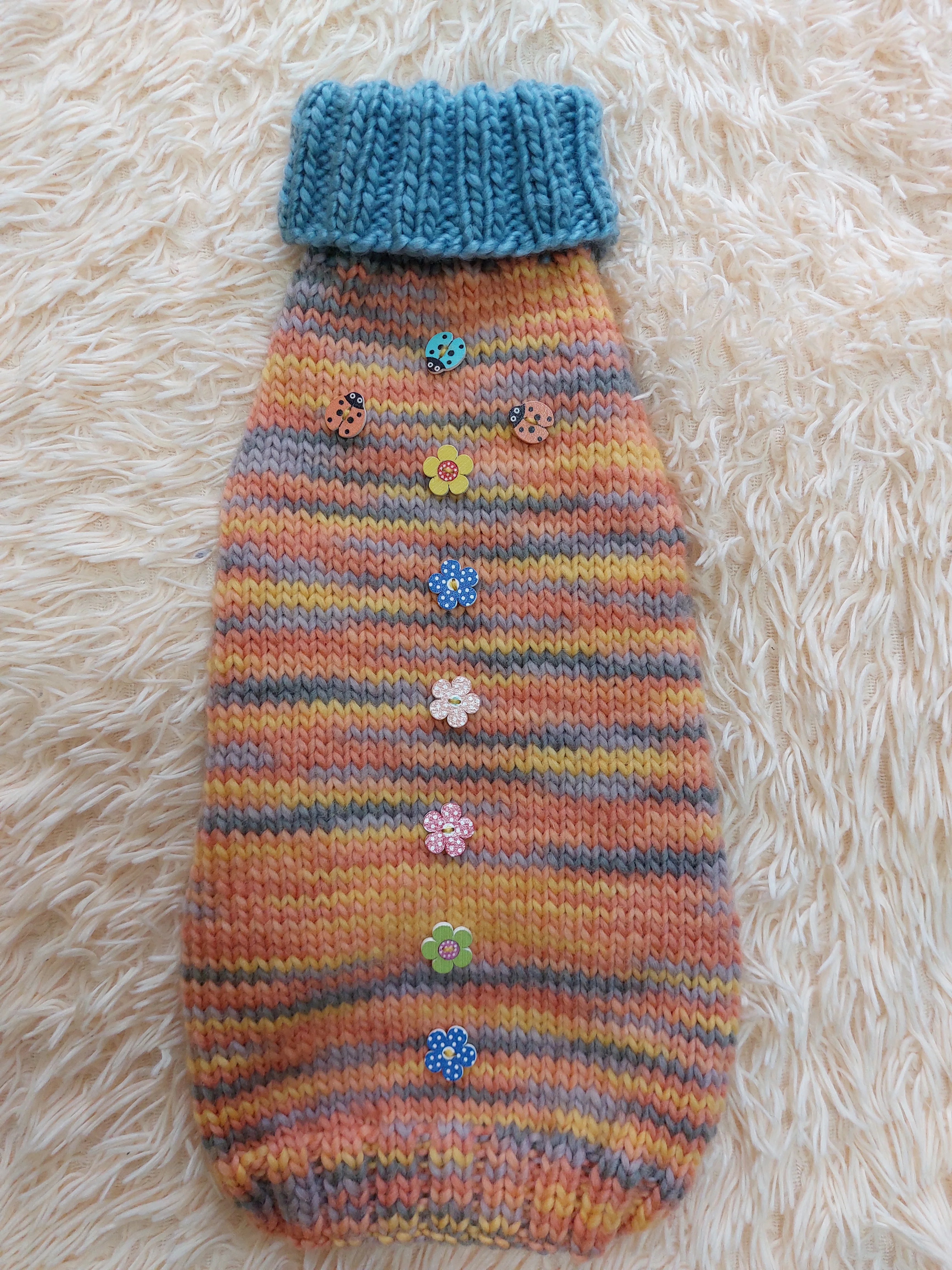 Wool Coat with Flowers and Ladybug for Pets - Winter Wool Sweater for Dogs with Collar - Dachshund Warm Clothes Jumper