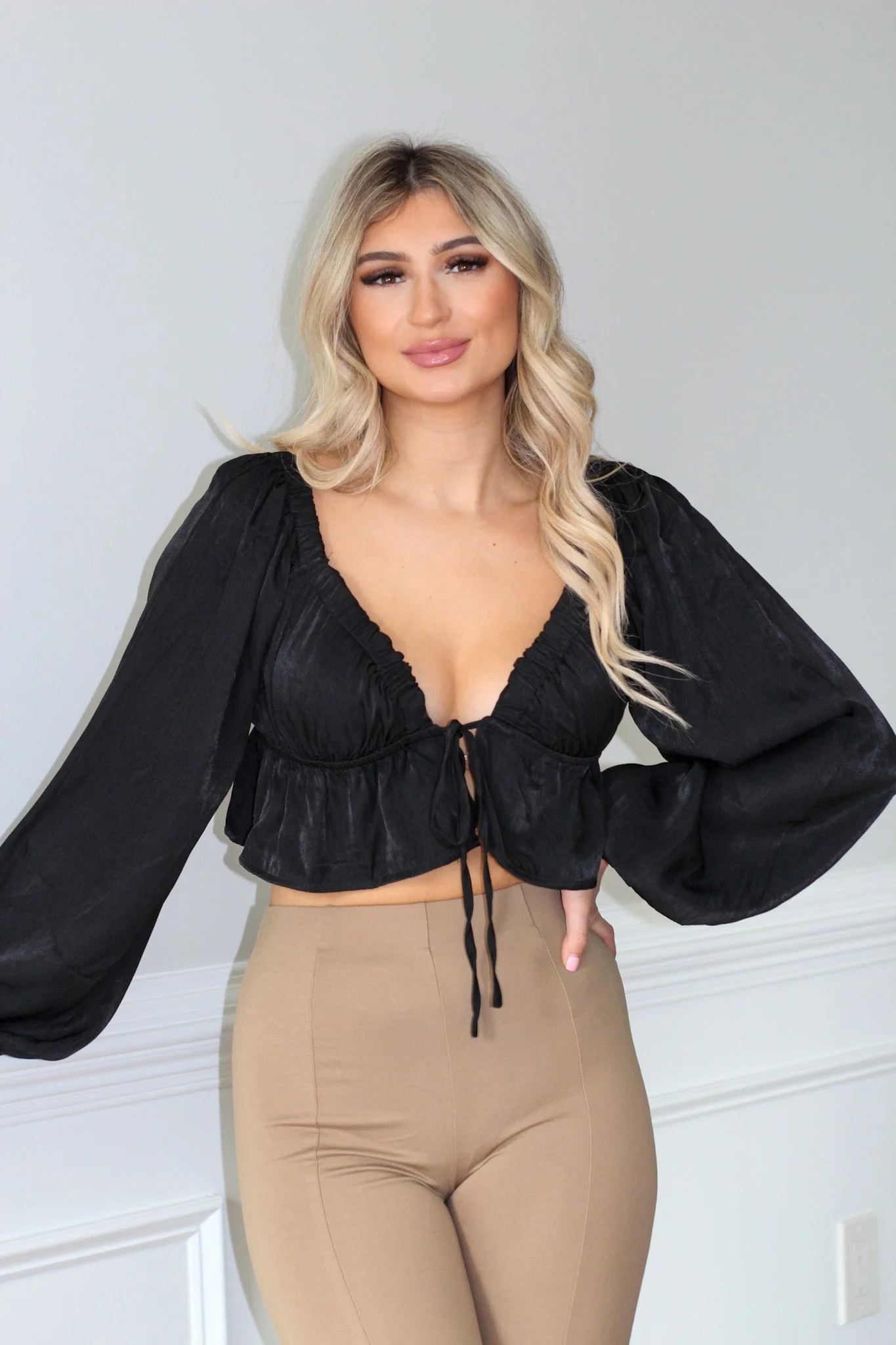 All Love Tie Front Peplum Crop Top - Black