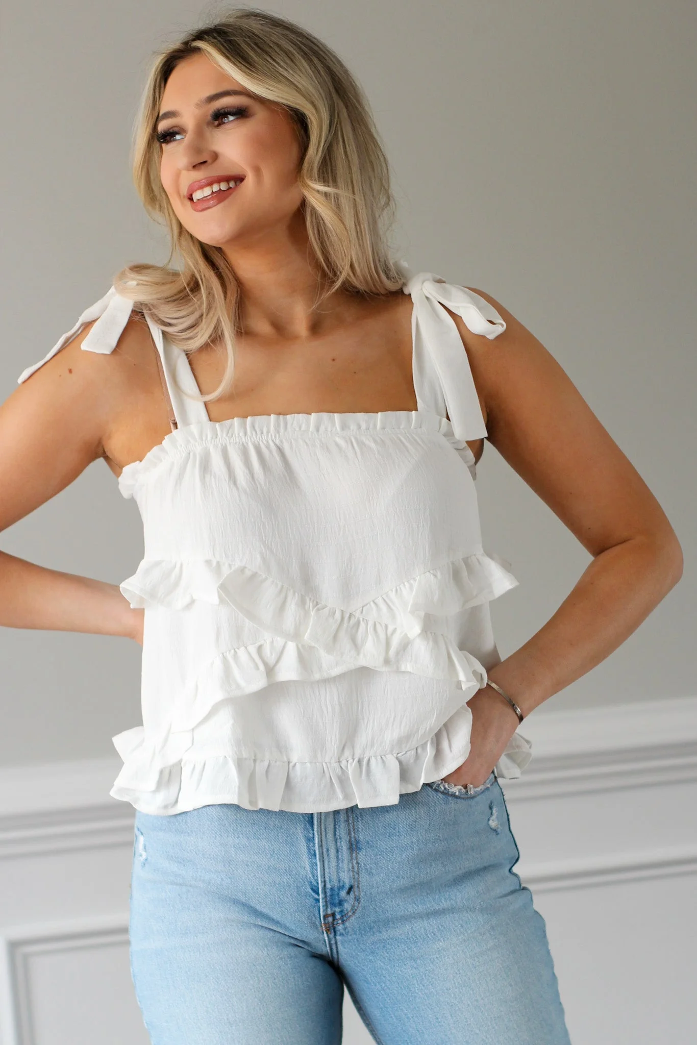 So Sweet Shoulder Tie Top - White