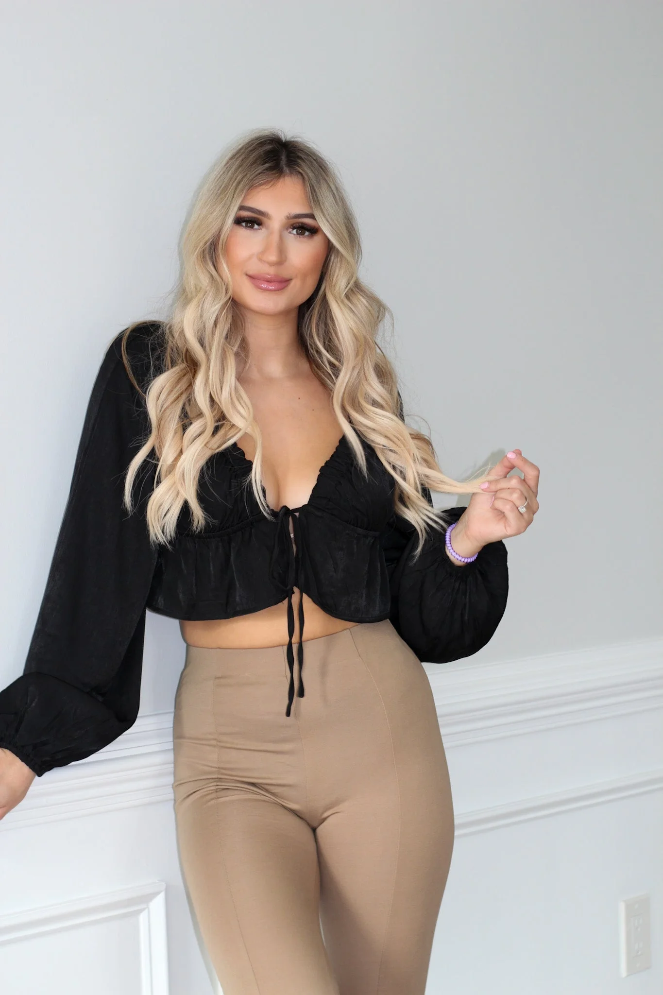 All Love Tie Front Peplum Crop Top - Black