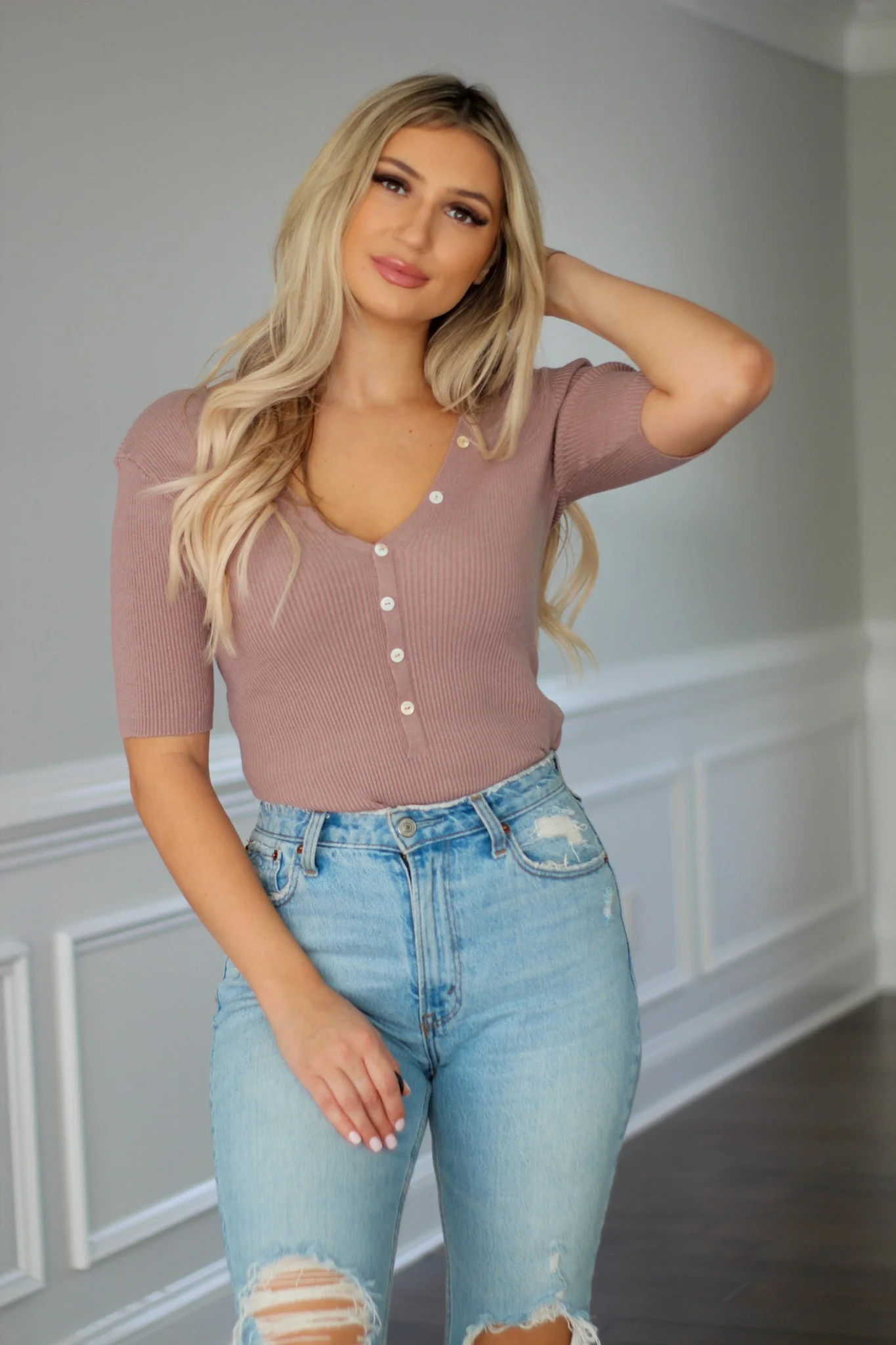 Riley V-Neck Bodysuit- Twig