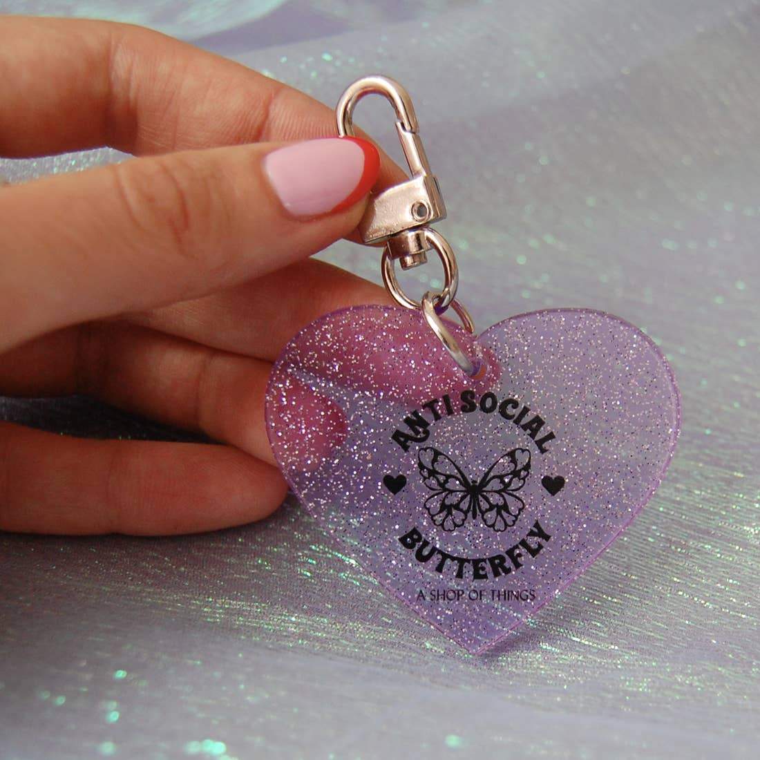 Antisocial Butterfly Glitter Heart Keychain