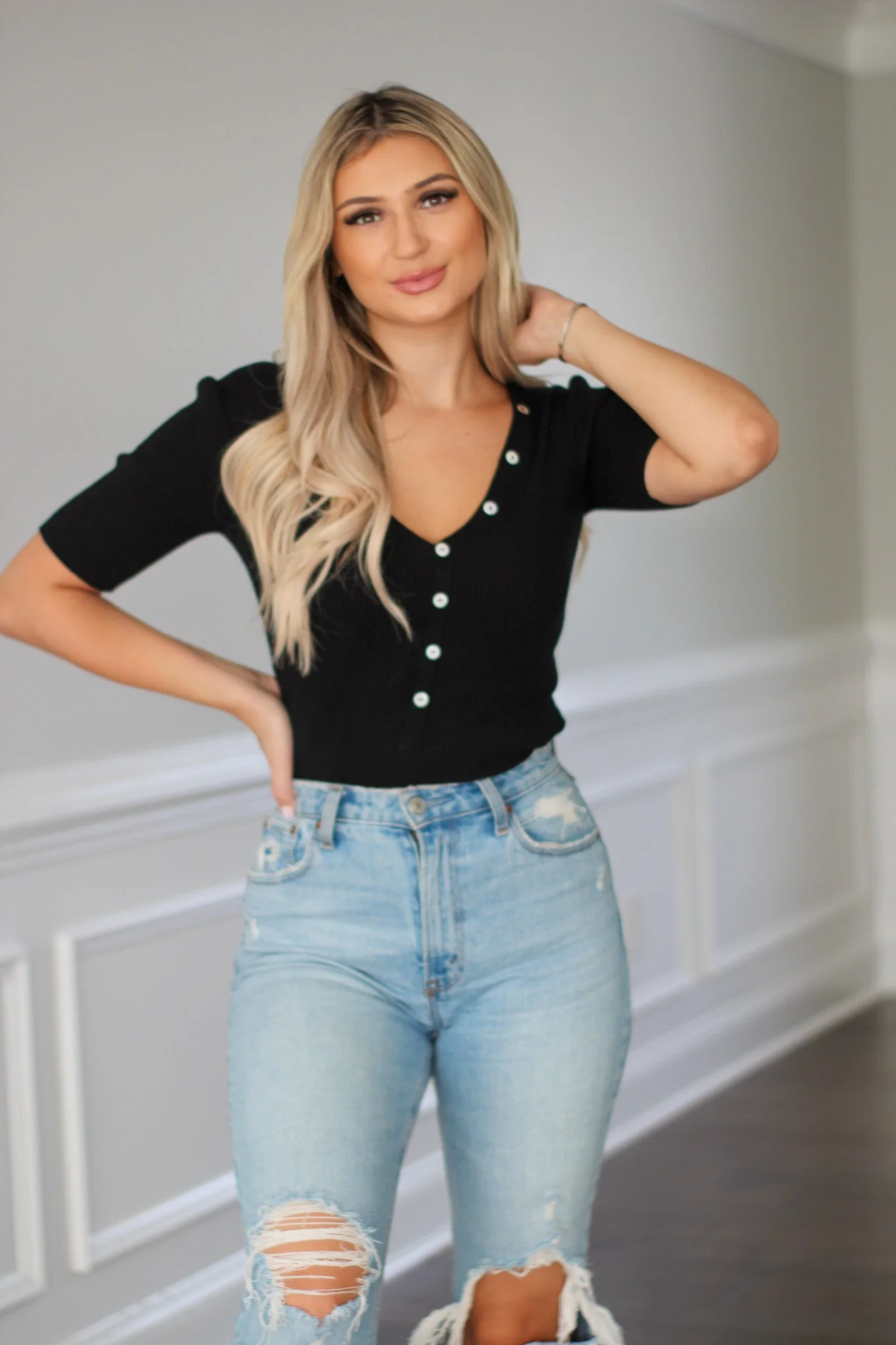 Riley V-Neck Bodysuit- Black