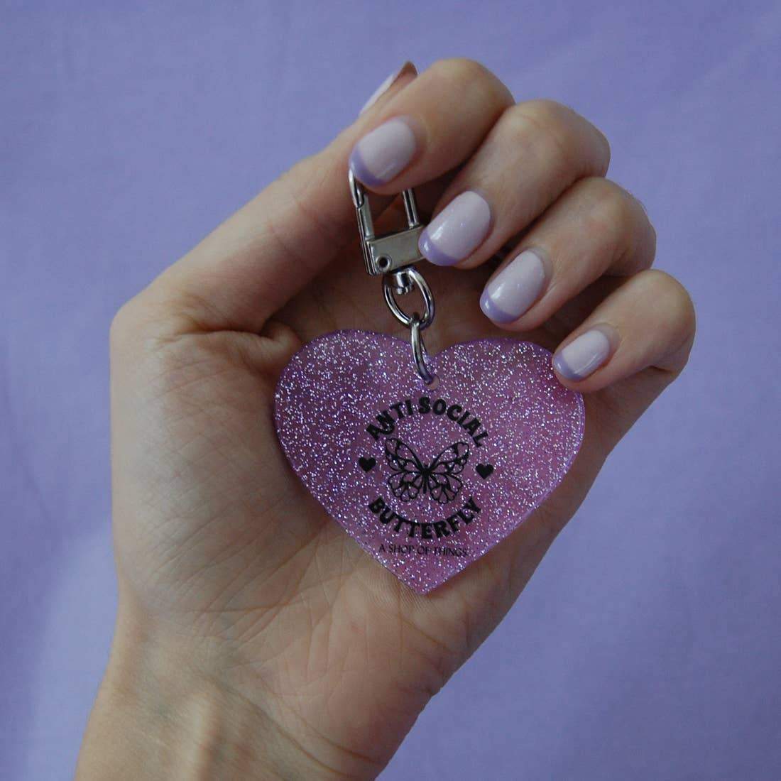 Antisocial Butterfly Glitter Heart Keychain