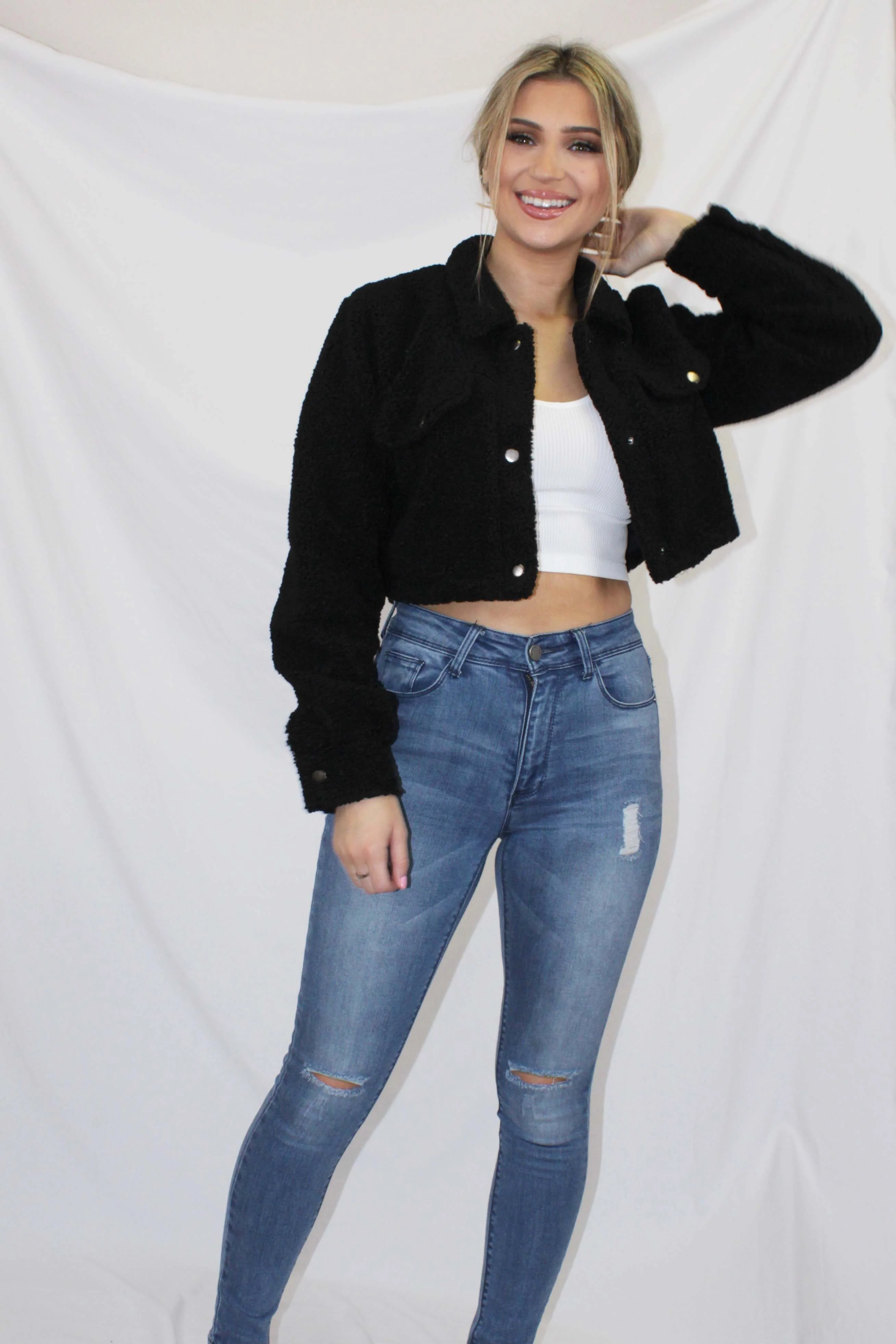 Teddy Crop Jacket- Black
