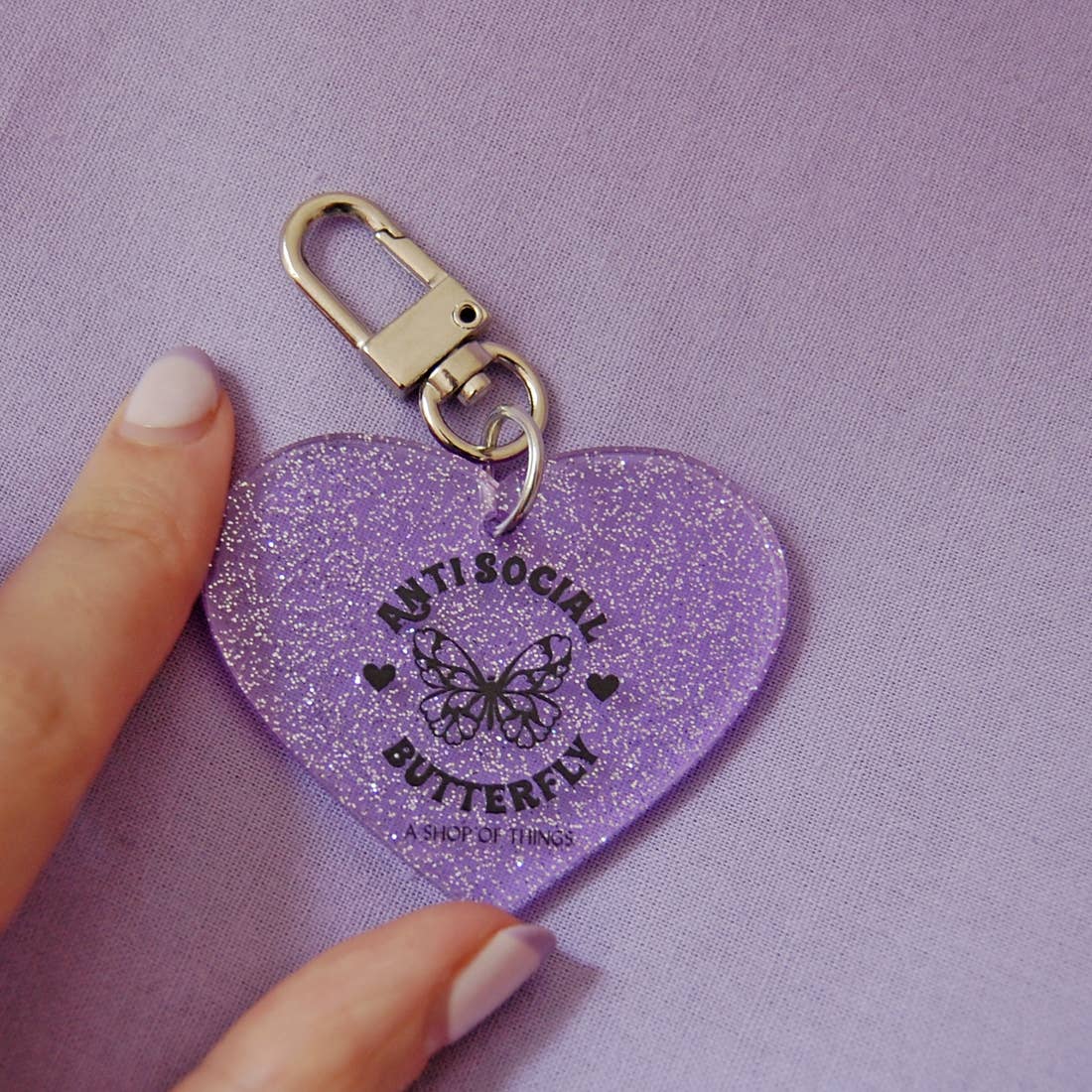 Antisocial Butterfly Glitter Heart Keychain