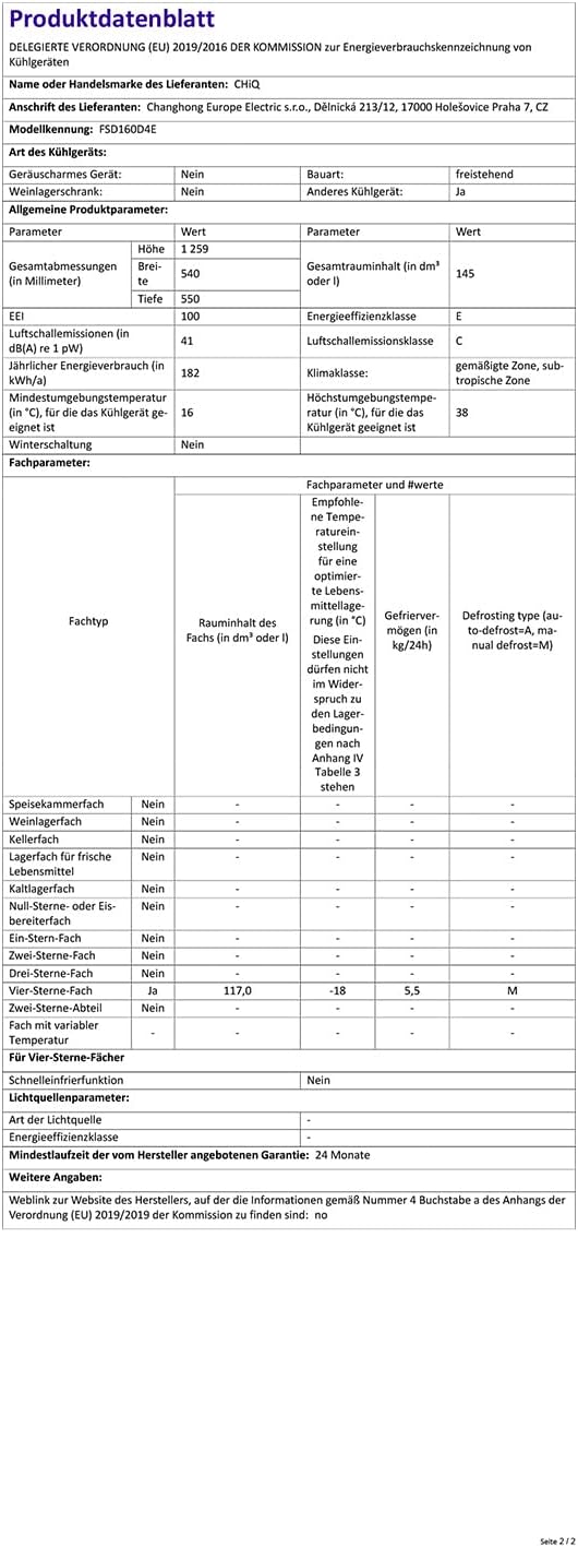 CHIQ Gefrierschrank FSD160D4E | Wechselbarer Türanschlag | Sehr Leise 41 DB (145L Manuelle Abtauung)| 12 Jahre Garantie auf den Kompressor*| 126 x 54 x 55 cm (HxBxT)
