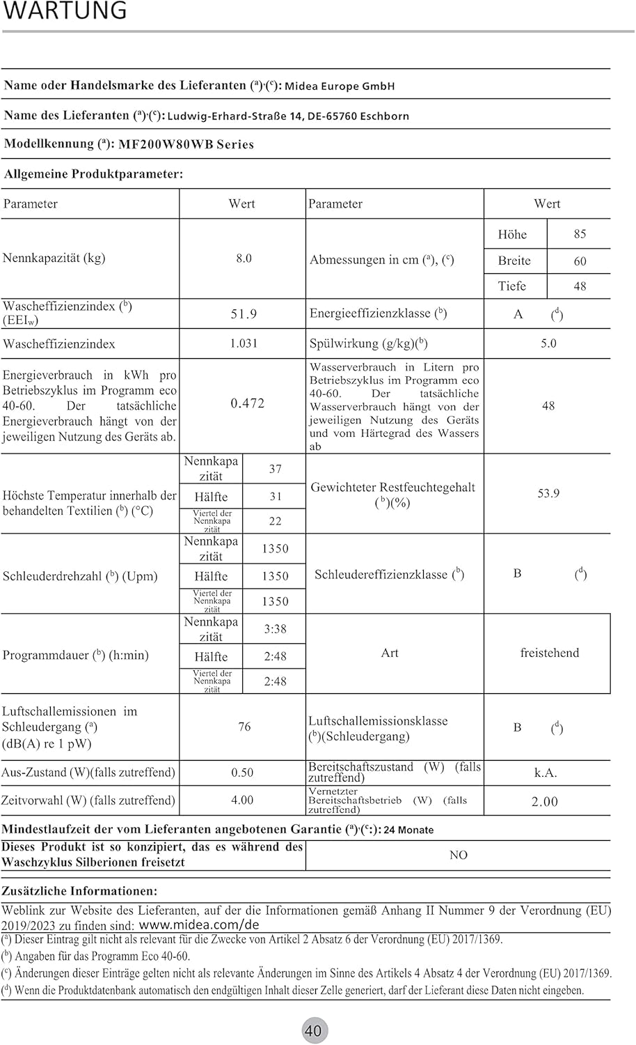 Midea MF200W90WB-14A Waschmaschine / 9KG / A/Leiser & effizienter Inverter Motor/HealthGuard-System/Steam Care/Nachlegefunktion/APP-Steuerung/AquaStop, Weiß