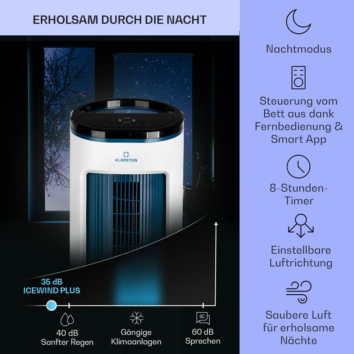 Klarstein Luftkühler mit Wasserkühlung, Leiser 4-in-1 Verdunstungskühler, Luftbefeuchter, Ventilator & Nachtmodus, Mobile Klimageräte Luftkühler 7L, 65W Air Cooler, 330m³/h Kühlender Luftstrom