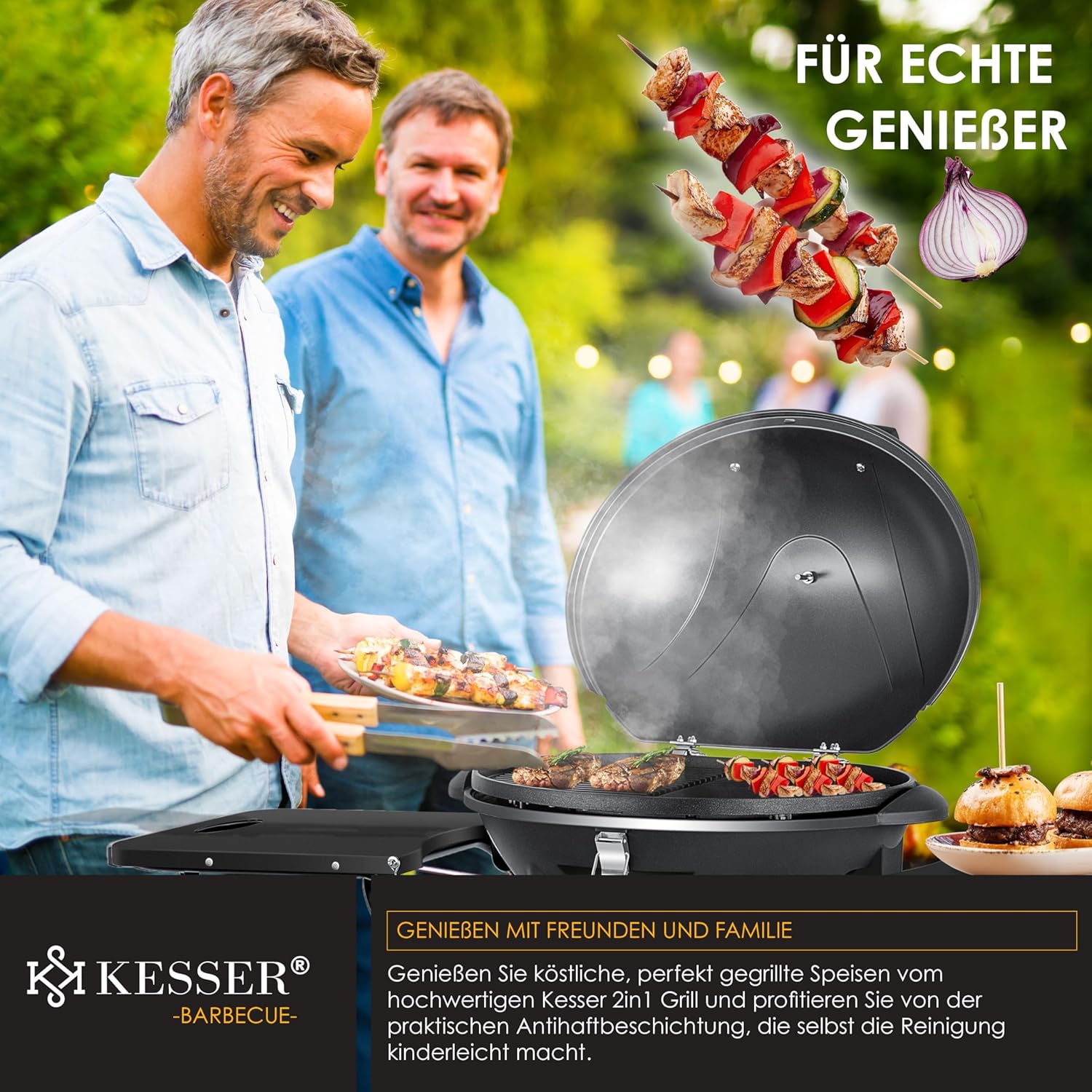 KESSER elektrischer Elektrogrill 2in1 Tischgrill - Standgrill mit Deckel und Standfuß | max. 2400 Watt | Faltbar | Thermostat | Antihaftbeschichtung | Grillplatte Abstelltische | 2 Räder |