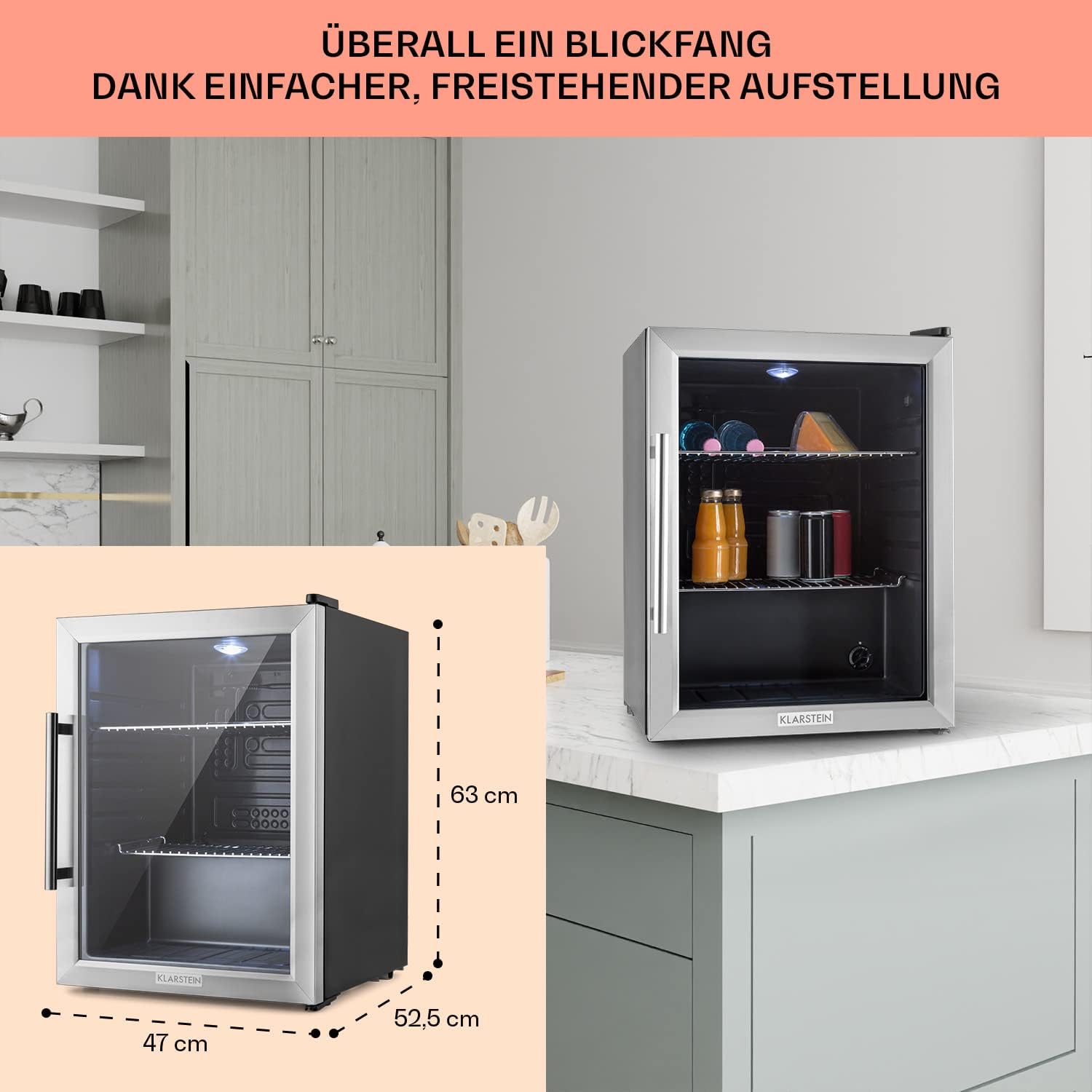 Klarstein Mini Kühlschrank mit Glastür für Zimmer, Getrnkekühlschrank mit Verstellbaren Ablagen, Kleiner 80 Liter, Indoor/Outdoor Kühlschrank Leise