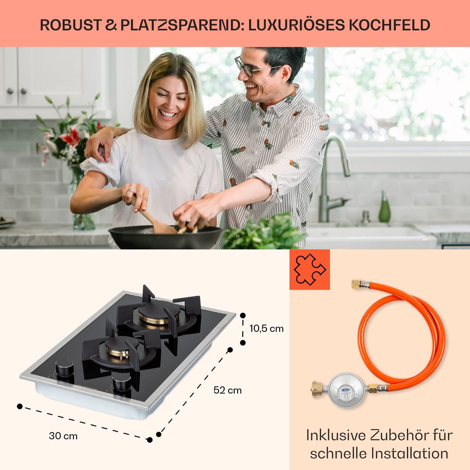 Klarstein Gasherd, Gaskochfeld 4 Flammig, Einbau-Gaskocher für Zuhause & Wohnmobil, Campingkocher mit Glasplatte, Gasherd für Propan- und Erdgas, Edelstahl Gas-Herdplatte Wok Brenner 8000 Watt