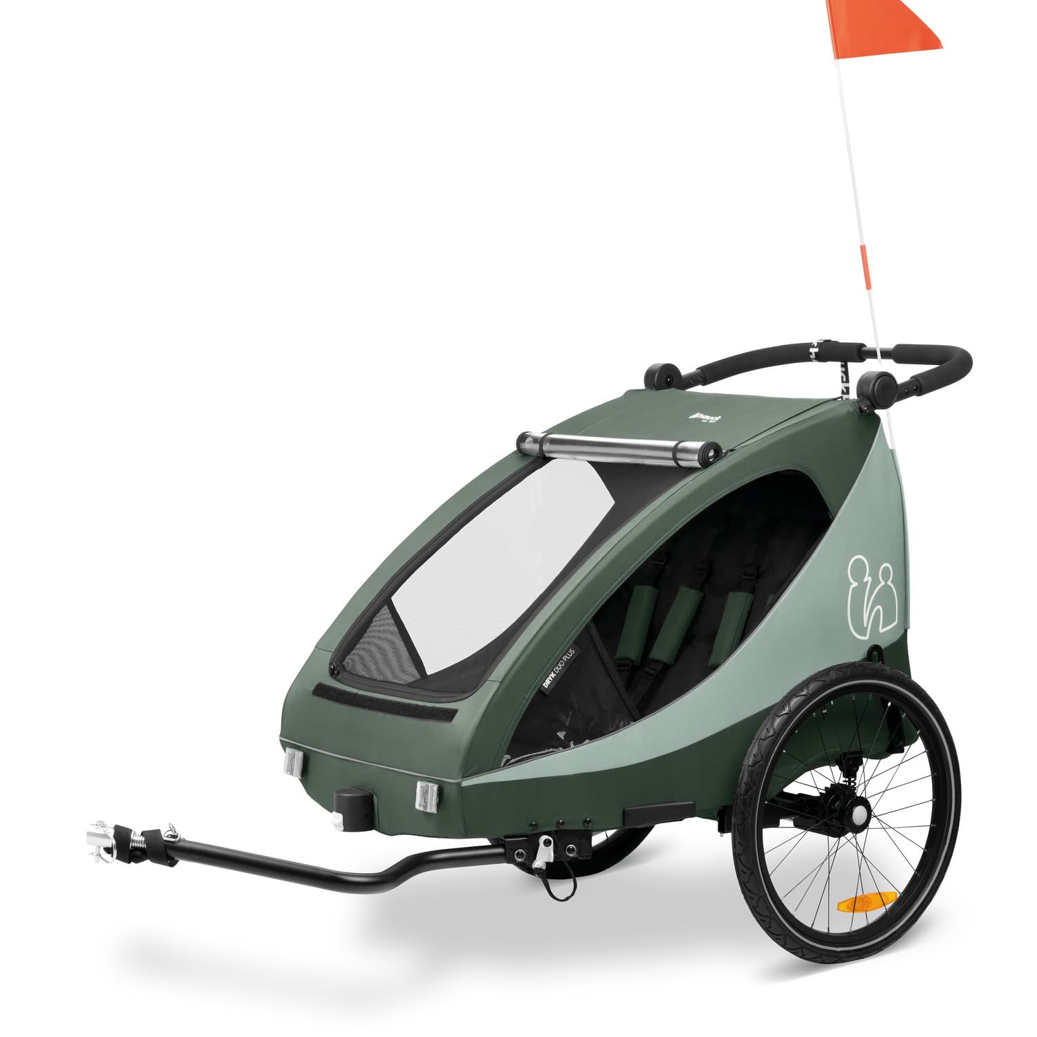 hauck Fahrradanhänger & Kinderwagen Dryk Duo Plus mit Federung, für 2 Kinder (6-48 Monate), inkl. Deichsel, Buggyrad, Fahne und LED Licht, Faltbar, Höhenverstellbar, XL Kofferaum (Dark Green)