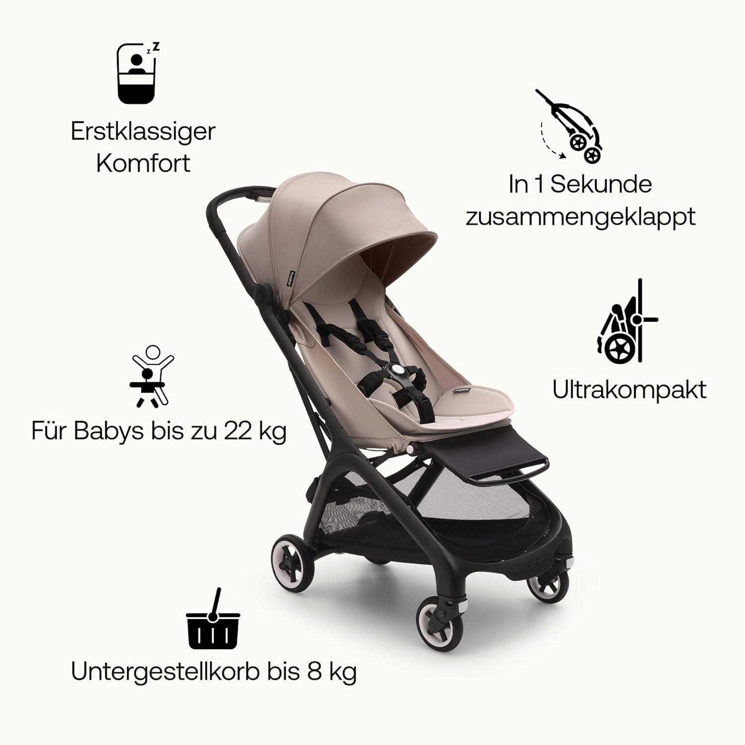 Bugaboo Butterfly ultrakompakter Reise-Kinderwagen, klein & leicht, einhändig faltbar und einfach zu lenken, ergonomischer City-Buggy für Babys ab 6 Monaten, mit viel Stauraum, Stormy Blue