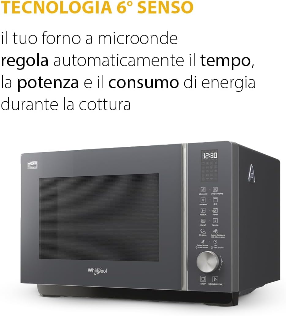 Whirlpool MWF 259 SG – Freistehende Mikrowelle – Abmessungen 46,8 cm x 49 cm x 32,5 cm. Mikrowelle 25 Liter mit Leistung 800 W Mikrowelle und 1300 W Grill, Grau Schatten, Mikrowelle ohne Teller.