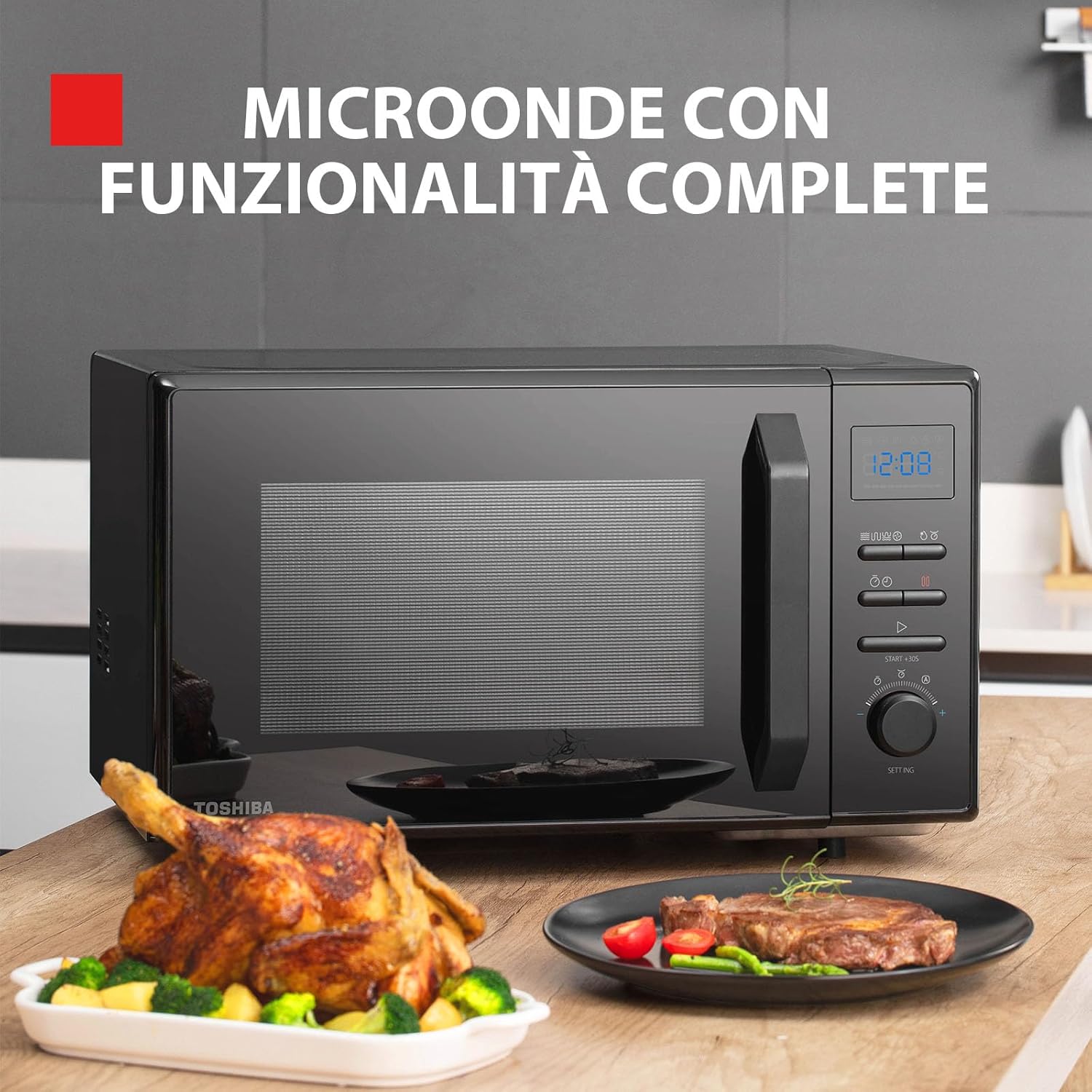 Toshiba MW2-AC25T(BK) 4-in-1 Mikrowellengrill mit Konvention, 25 l, 10 einfache Speisekarten, emaillierter Hohlraum, Speicherplatz drehbar, 1100 W Grill, 2100 W, Konvention, Schwarz