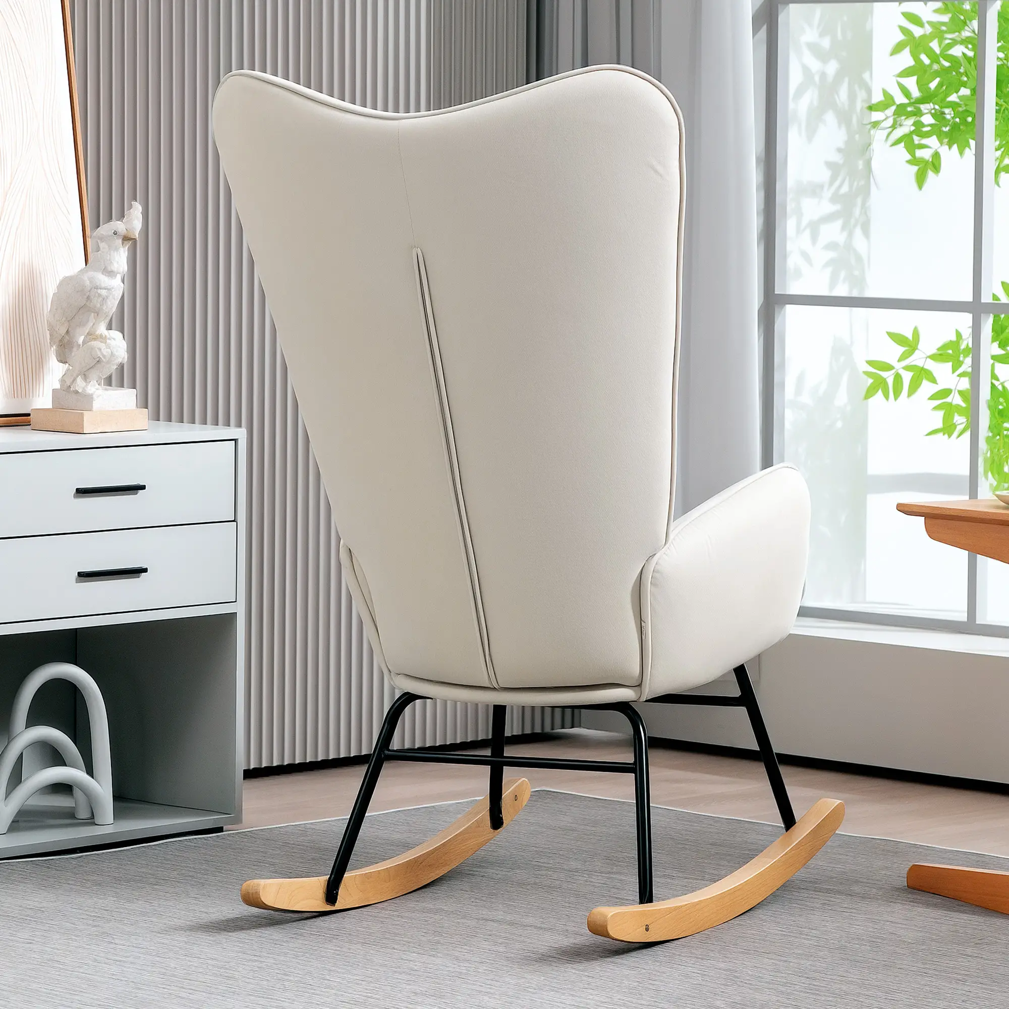 HOMCOM Schaukelstuhl Polsterstuhl mit Nierenkissen & Filzstreifen cremeweiß