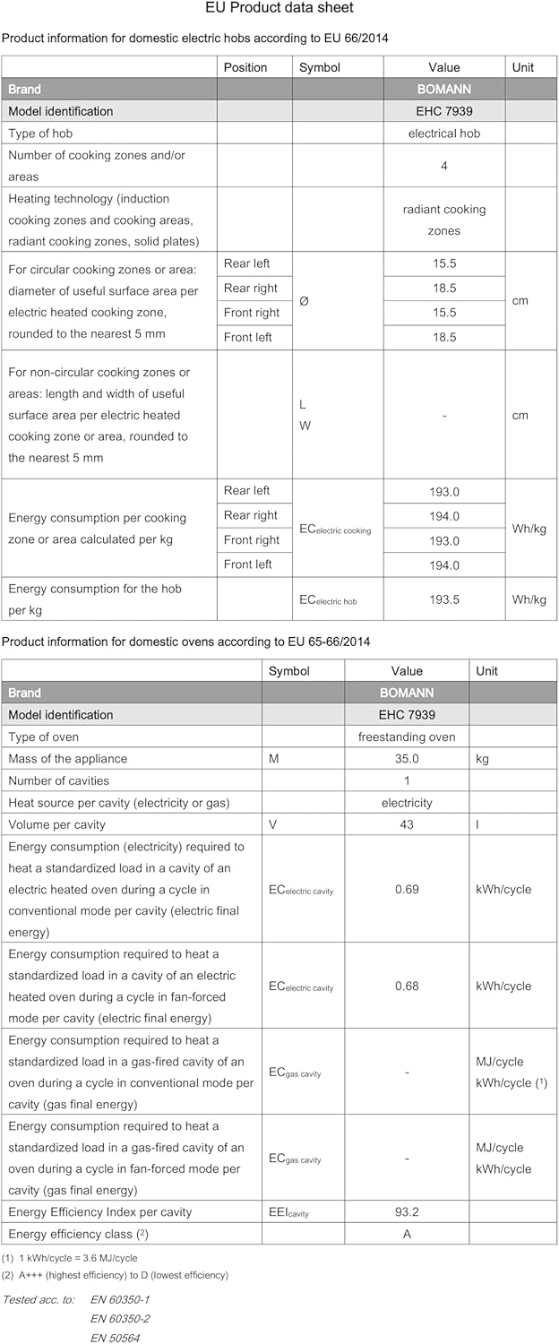 Bomann® Backofen 50cm mit Herd | Elektroherd freistehend 50 cm mit 4 Kochplatten | Standherd mit Ofen 43L | Ober-/Unterhitze | 40°C-240°C | inkl. Blech & Grillrost | Elektroherd mit Kochfeld EHC 7939