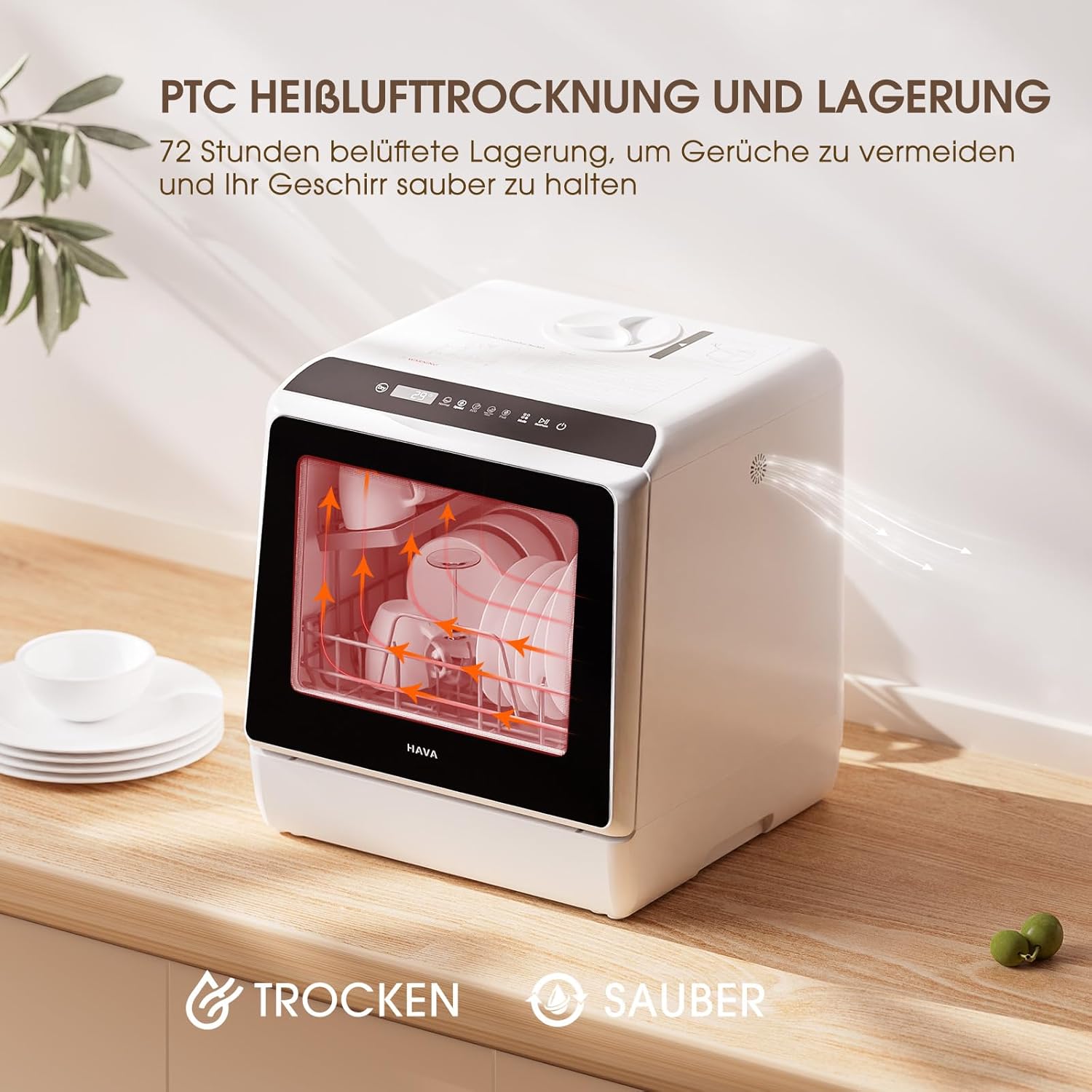 HAVA Tischgeschirrspüler, mini Spülmaschine mit 6 Programmen und eingebautem 5-Liter-Wassertank, kein Anschluss erforderlich, Babybedarfs- und Lufttrocknungsfunktion für Wohnungen und Wohnmobile