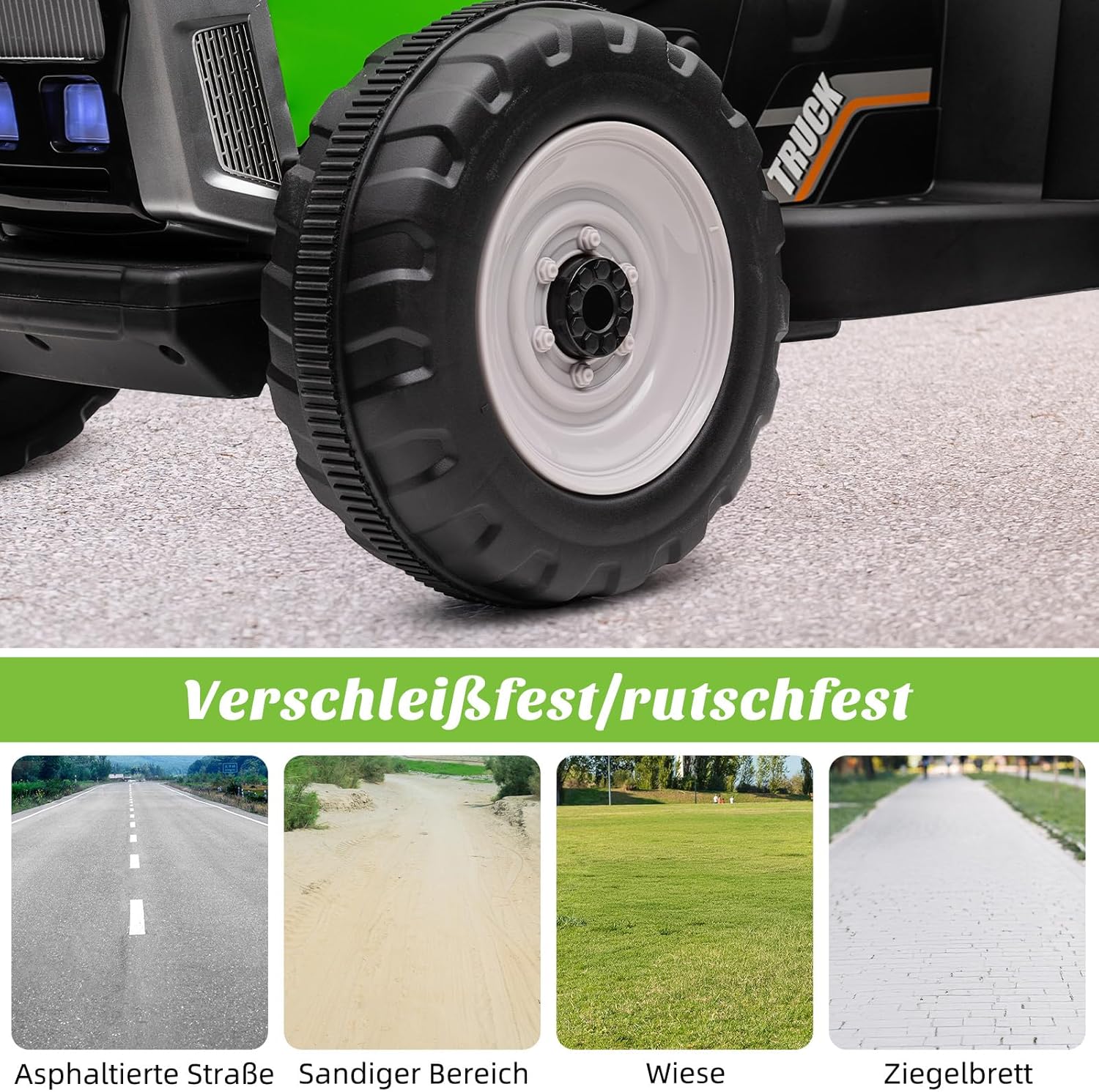 HAUSPROFI 12V 3-Gang Kinder Elektroauto mit Anhänger, Elektro Traktor 2 Fahrmodi, 2,4G-Fernbedienung, Kinder Traktor LED-Licht, Bluetooth, Musik, USB, Elektrischer Traktor für kinder ab 3 Jahren, Grün