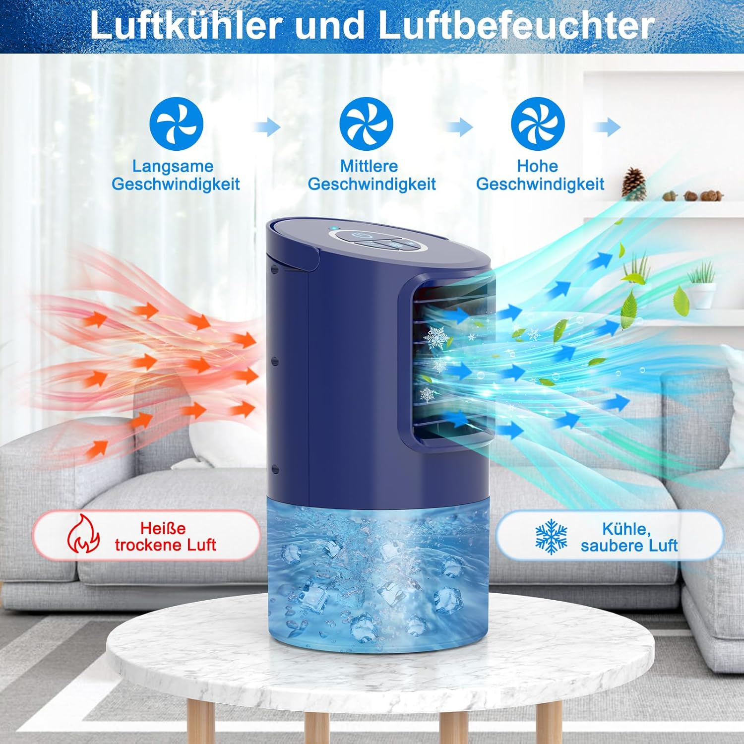 RenFox Klimagerte Mini Luftkühler, 5 in 1 Mobile Klimaanlage, Air Cooler Klimagert, Ventilator, Luftbefeuchter, 3 Geschwindigkeiten, 7 LED Luftkühler Klein für Zuhause und Büro