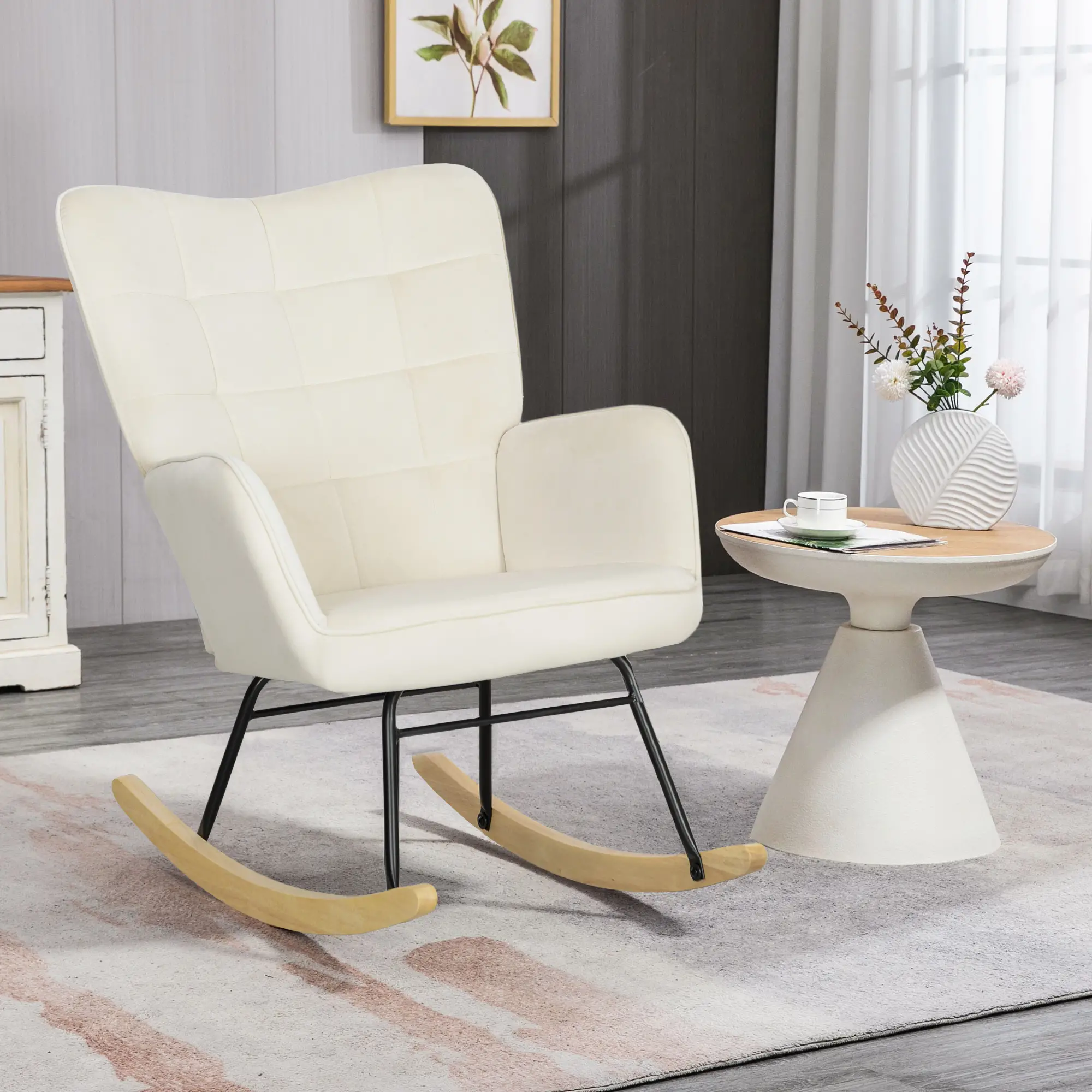 HOMCOM Schaukelstuhl Samtoptik Holzkufen Elegantes Design Beige