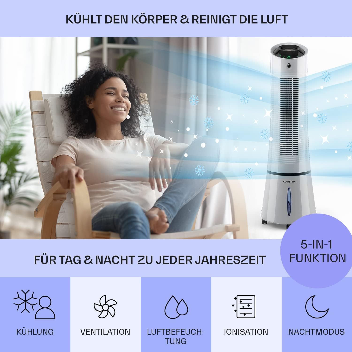 Klarstein 4-in-1: Smart Luftkühler, Ventilator, Luftbefeuchter & Ionisation I 6 L Wassertank, Oszillation, 30 W, 210 m³/h, Timer I Klimagerät ohne Abluftschlauch, Mobiles Klimagerät, Schwarz-Rosegold