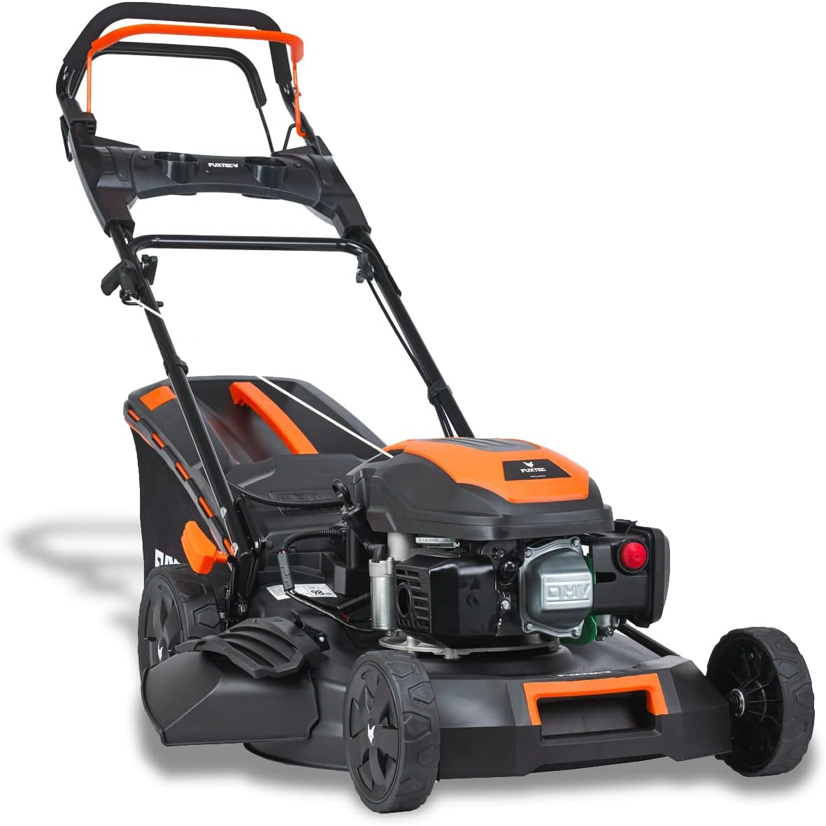 FUXTEC 4in1 Benzin Rasenmäher FX-RM5196eSPRO mit E-Start und regulierbarem Selbstantrieb, Gartenmäher inkl. Frontstoßstange, 51 cm Schnittbreite, kugelgelagerte Big Wheel Räder, 60L Grasfangkorb