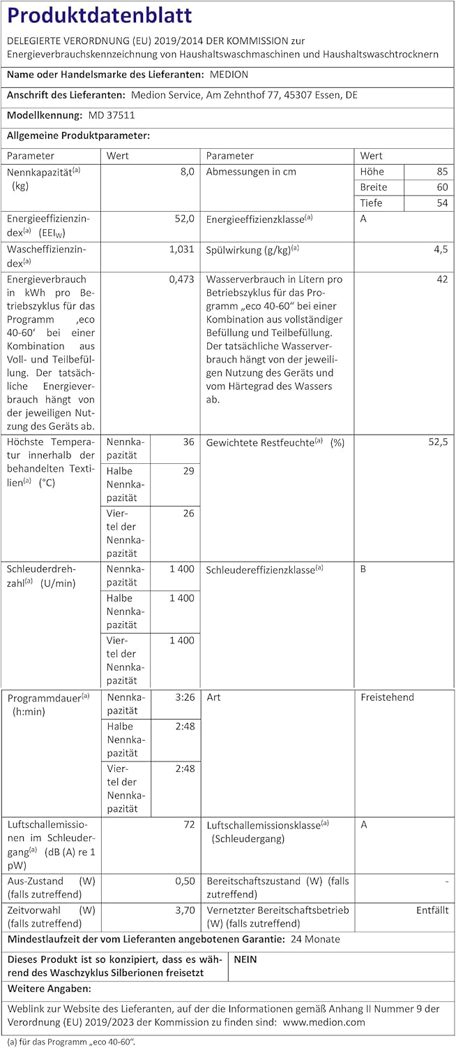 MEDION Waschmaschine (8 kg, 1400 U/Min, 15 Programme, Timerfunktion, Kindersicherung, LED Display, MD 37511)