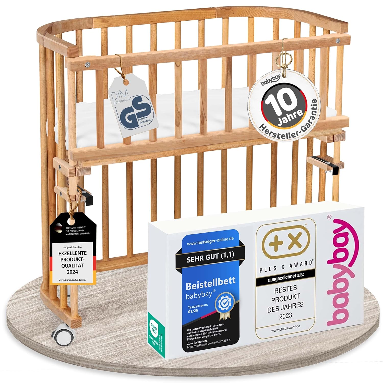 babybay Original Beistellbett aus massivem Buchenholz / kompakt & verwandelbar / Kinderbett Höhe stufenlos verstellbar & umweltfreundlich / mitwachsendes Babybett (weiß lackiert) / inkl. Matratze