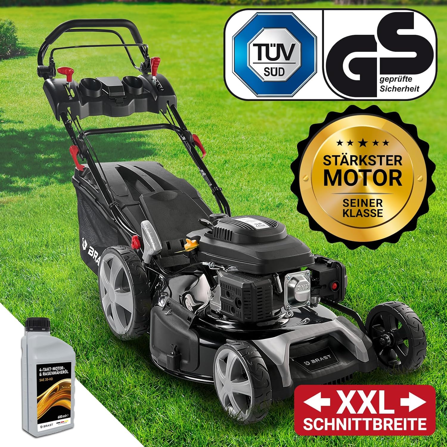 BRAST Benzin Rasenmäher mit Antrieb | 5,2kW (7PS) | 55cm Schnittbreite | viele Modelle | TÜV | 30-80mm Schnitthöhe | 60L Fangkorb | 4 Takt OHV Motor | Stahlgehäuse | Power