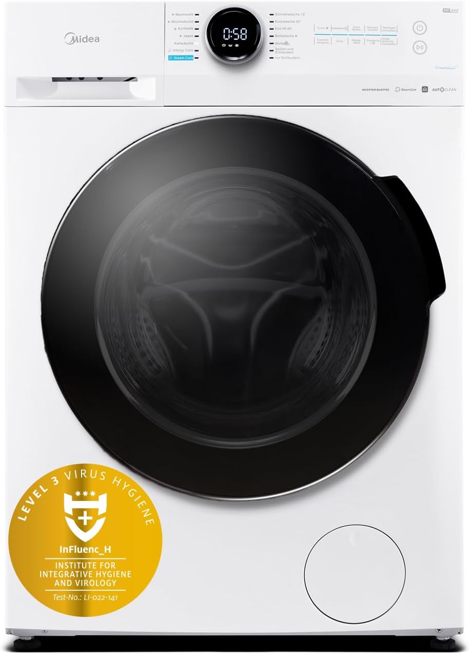 Midea MF200W90WB-14A Waschmaschine / 9KG / A/Leiser & effizienter Inverter Motor/HealthGuard-System/Steam Care/Nachlegefunktion/APP-Steuerung/AquaStop, Weiß