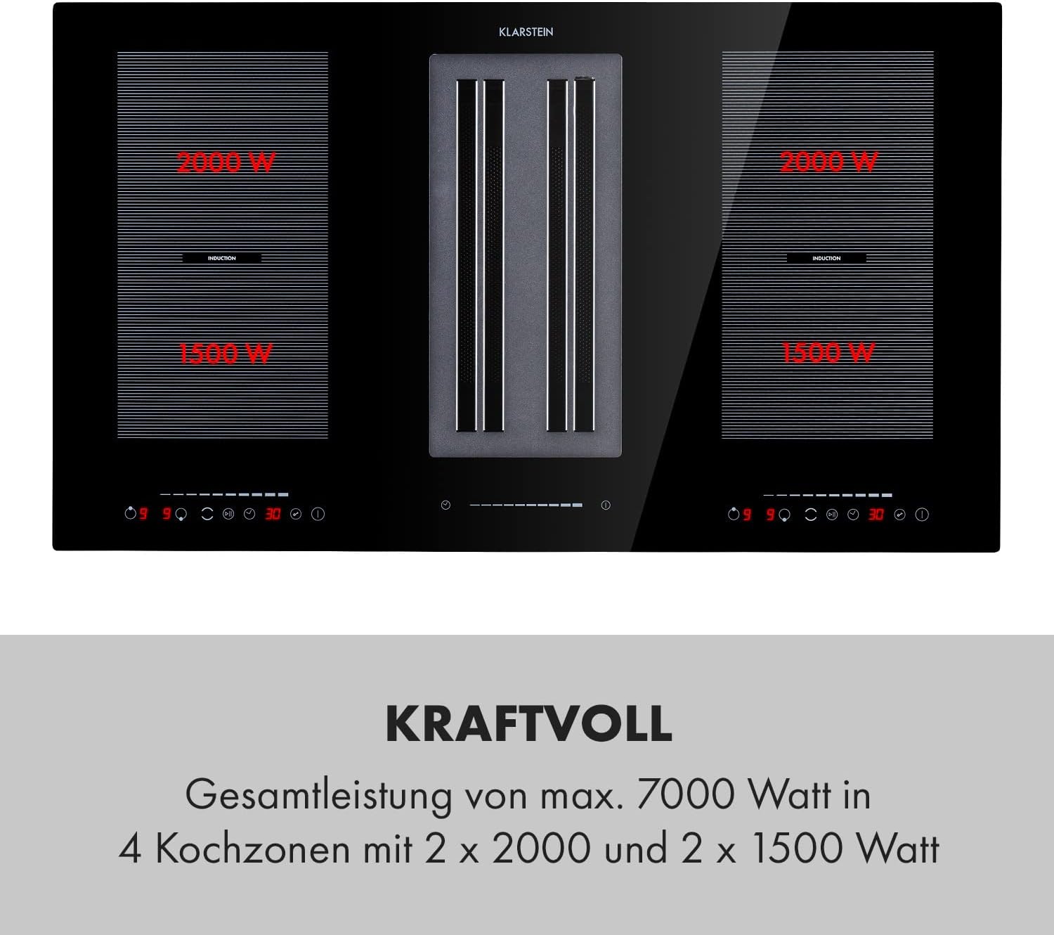 Klarstein 2-in-1 Induktionskochfeld mit Dunstabzug, Induktionskochfeld mit Abluft & Ventilator, 4-Zonen-Kochfeld, Glaskeramik-Einbauherd, Kochfeld mit Dunstabzug, Energieklasse A, 654m³/h Luftstrom