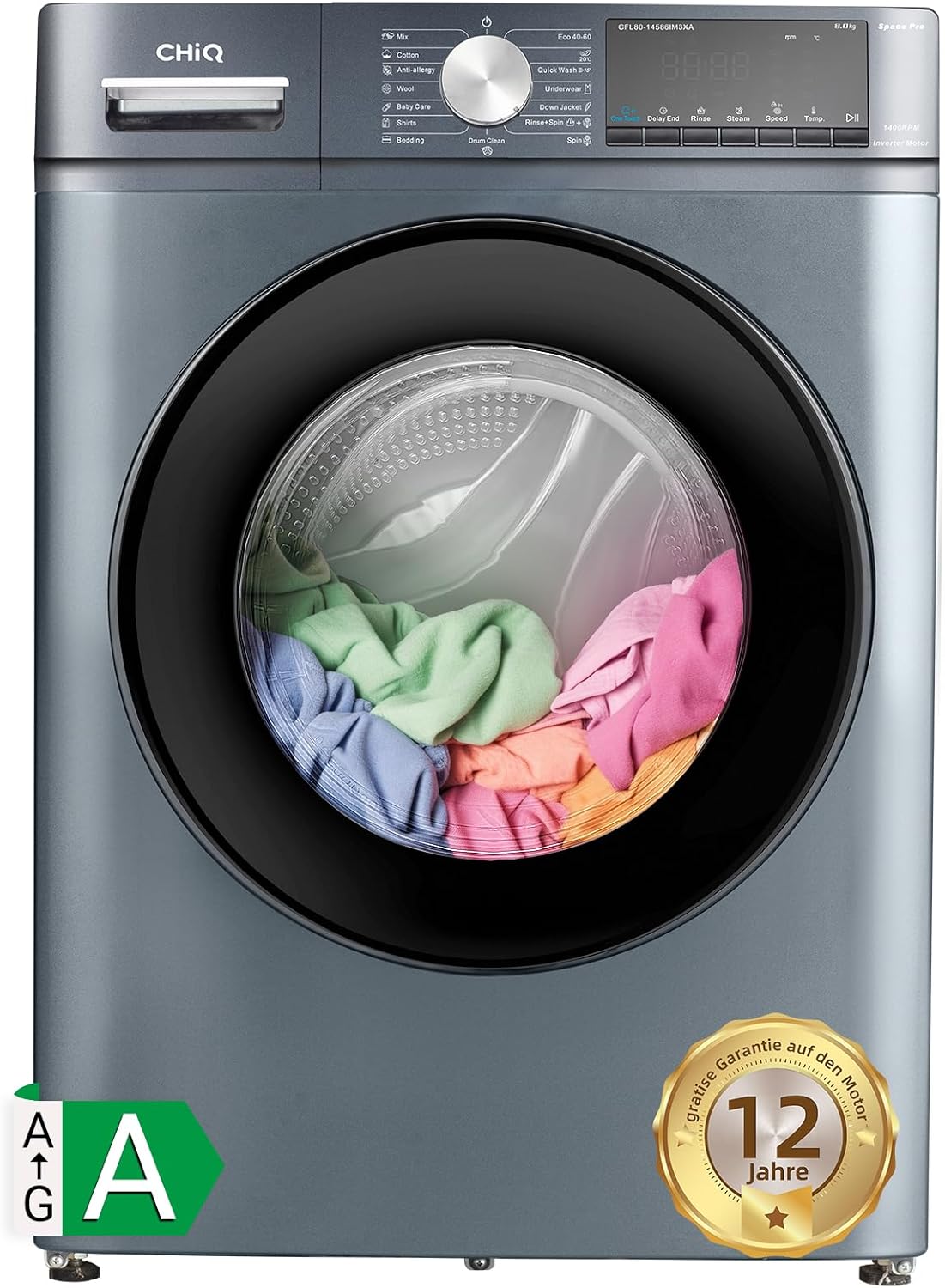 CHiQ Waschmaschine 7kg, 15 Programme, InverterMotor, Eco-Logic, Speed Wash, 60x46,5x84cm, Auto Clean, Washer Grau, CW07123863AX