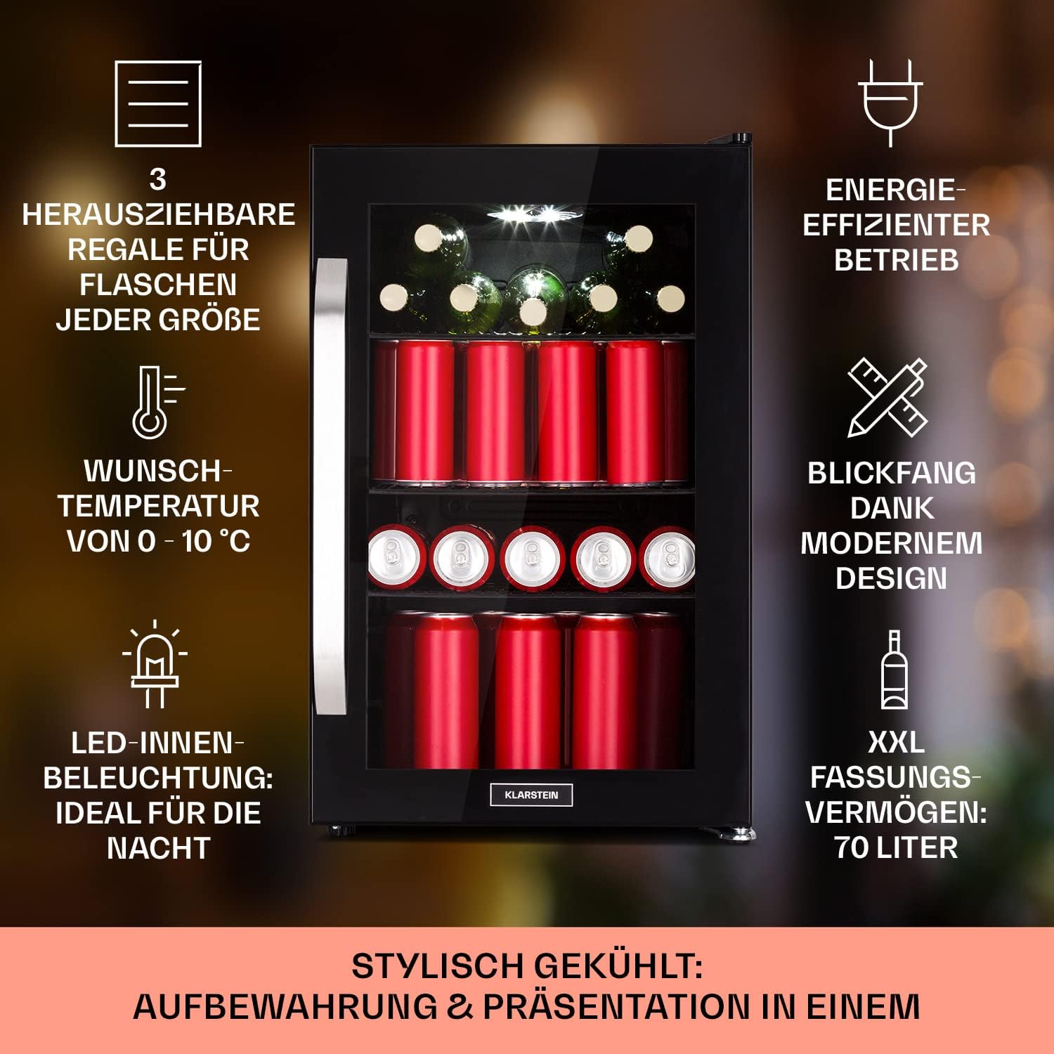 Klarstein Kühlschrank 70L, Kleiner Kühlschrank mit Herausnehmbaren Ablagen, Leiser Mini Kühlschrank mit Glastür & LED, Getränkekühlschrank Klein, Outdoor Geeignet, Biersafe für Flaschen, 0-10°C