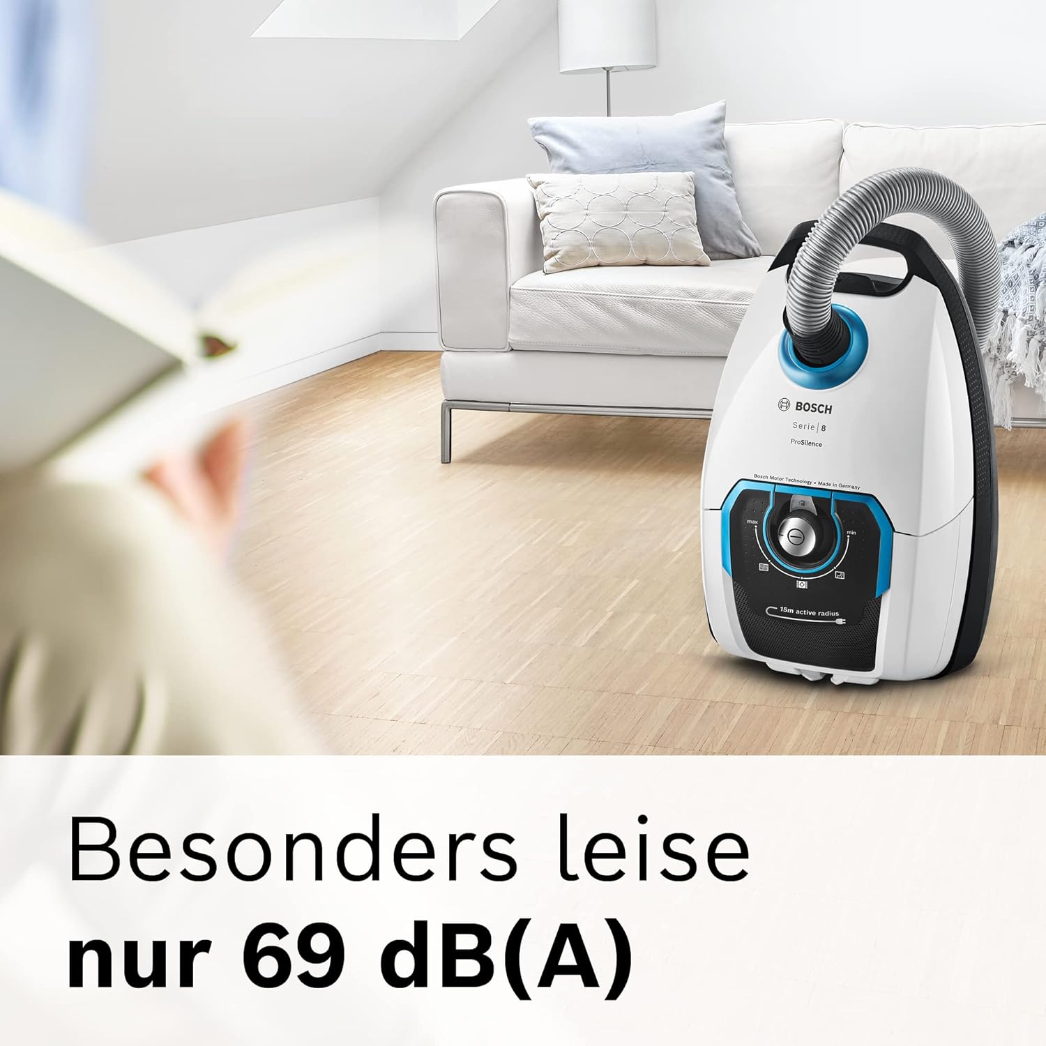 Bosch Staubsauger mit Beutel Serie 8 BGB75X494, Bodenstaubsauger, ideal für Allergiker, Hygiene-Filter, Bodendüse für Parkett, Teppich, Fliesen, langes Kabel, leise, 650 W, blau