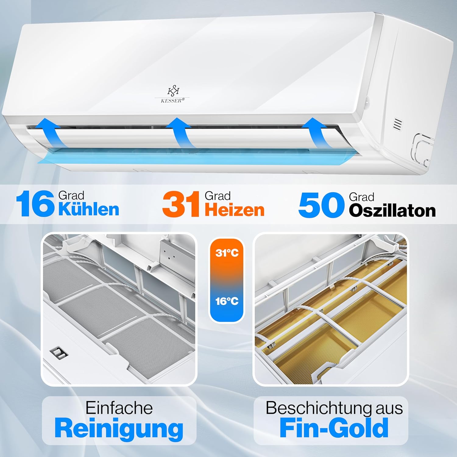 KESSER® Klimaanlage Set Split - mit WiFi/App Funktion Klimagerät - Kühlen A++/ Heizen A+ - 9000 BTU/h (2.600 Watt) Kältemittel R32 - Fernbedienung, Timerfunktion - Inkl. komplettem Montagematerial