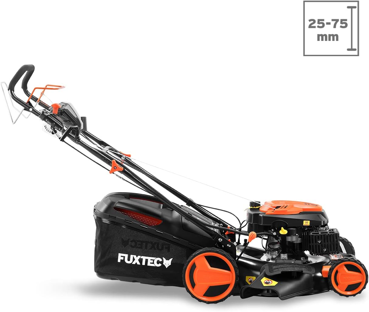 FUXTEC 4in1 Benzin Rasenmäher FX-RM5196eSPRO mit E-Start und regulierbarem Selbstantrieb, Gartenmäher inkl. Frontstoßstange, 51 cm Schnittbreite, kugelgelagerte Big Wheel Räder, 60L Grasfangkorb