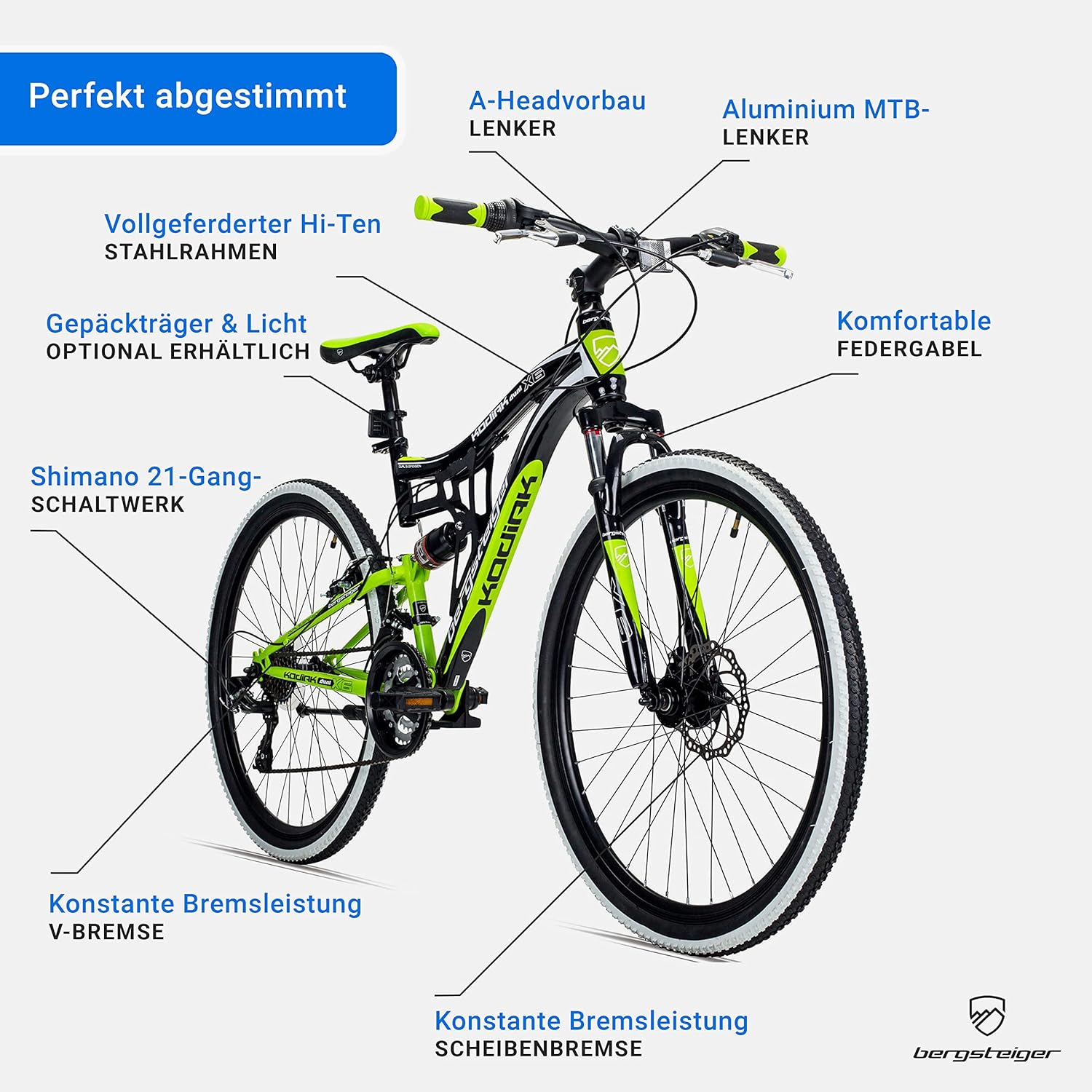 Bergsteiger Kodiak 26 Zoll, 29 Zoll Mountainbike, Scheibenbremse, Shimano 21 Gang-Schaltung, Vollfederung, Fully MTB für Jungen, Mädchen, Damen & Herren
