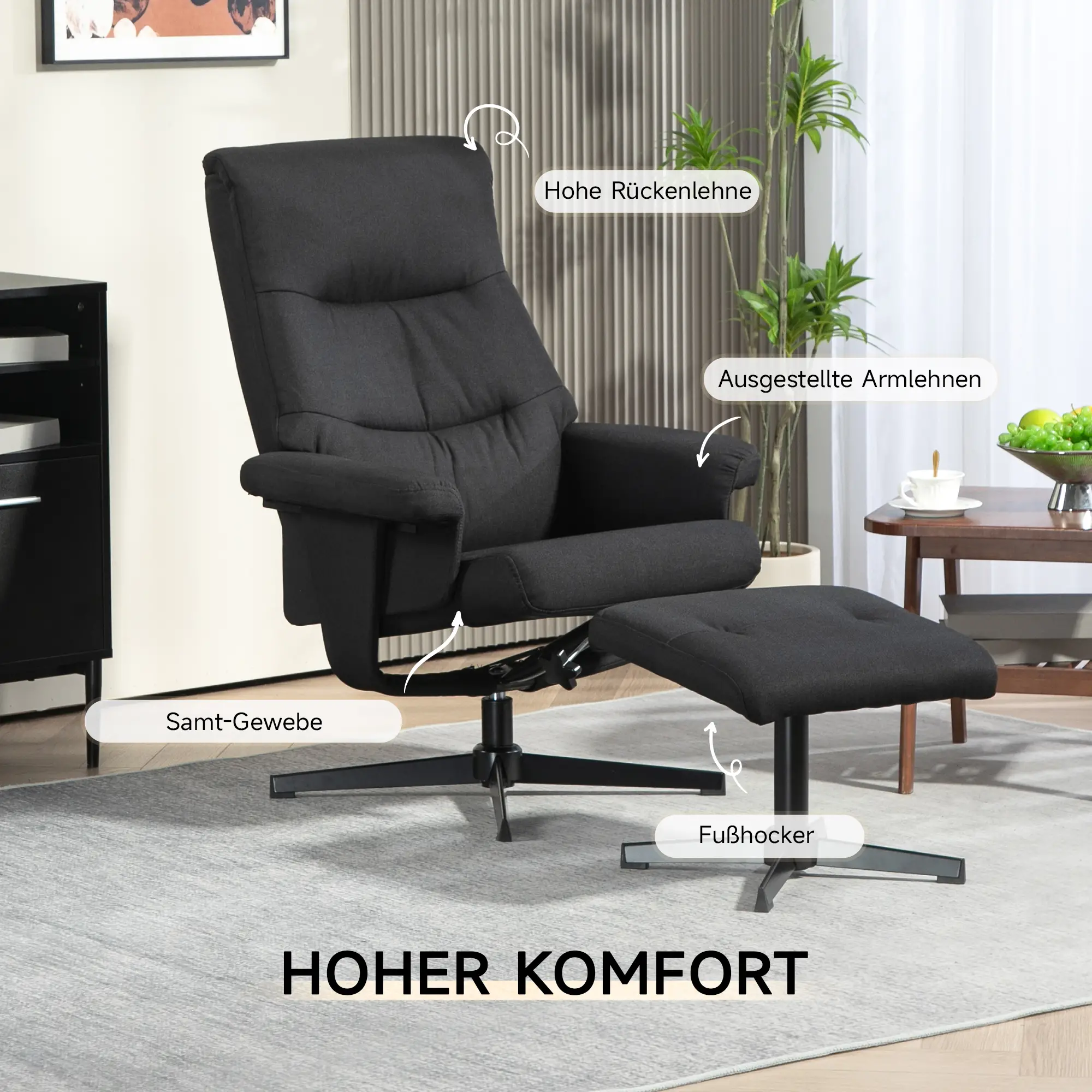 HOMCOM Relaxsessel mit Hocker & Liegefunktion Schwarz