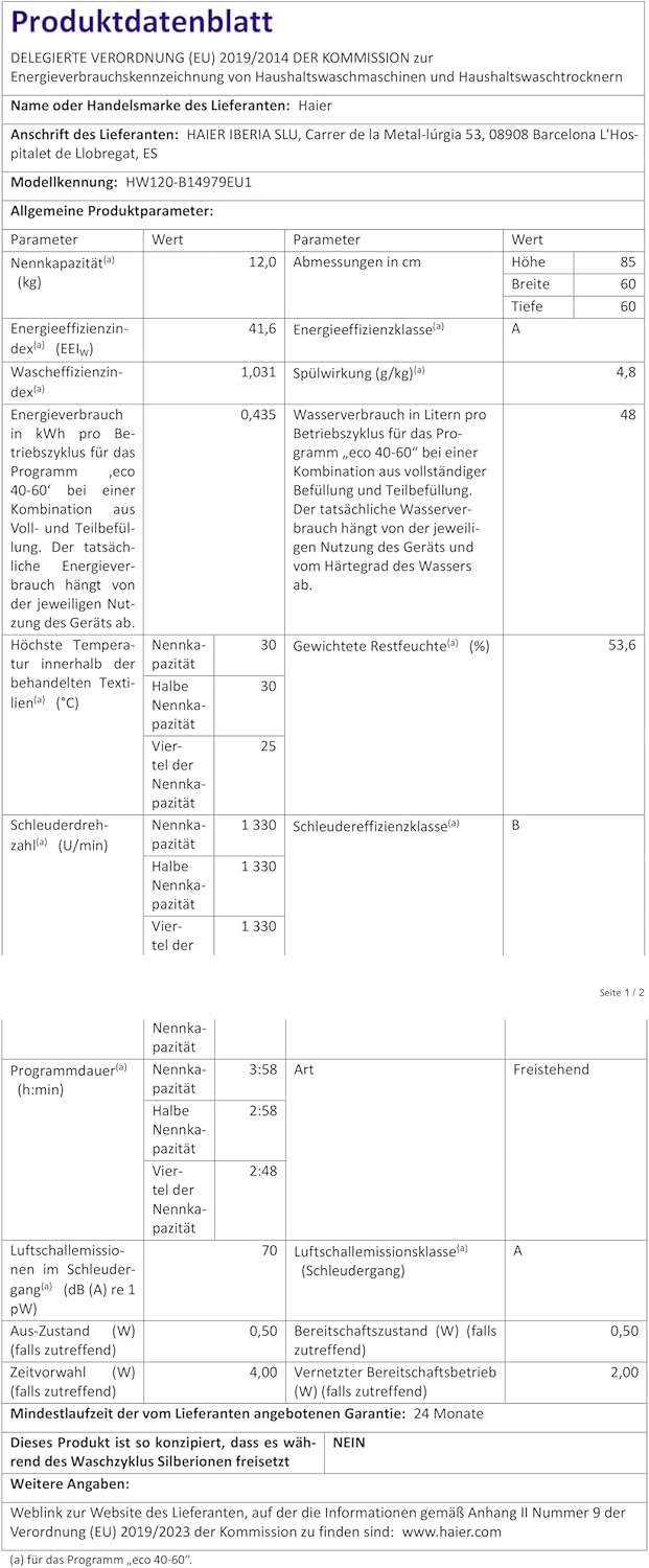 Haier I-PRO SERIE 7 PLUS HW120-B14979EU1 Waschmaschine / 12 kg / 20% effizienter als Klasse A/Smart Home - Wi-Fi & hOn App/Direct Motion Motor/Refresh-Programm & Fleckenoptionen