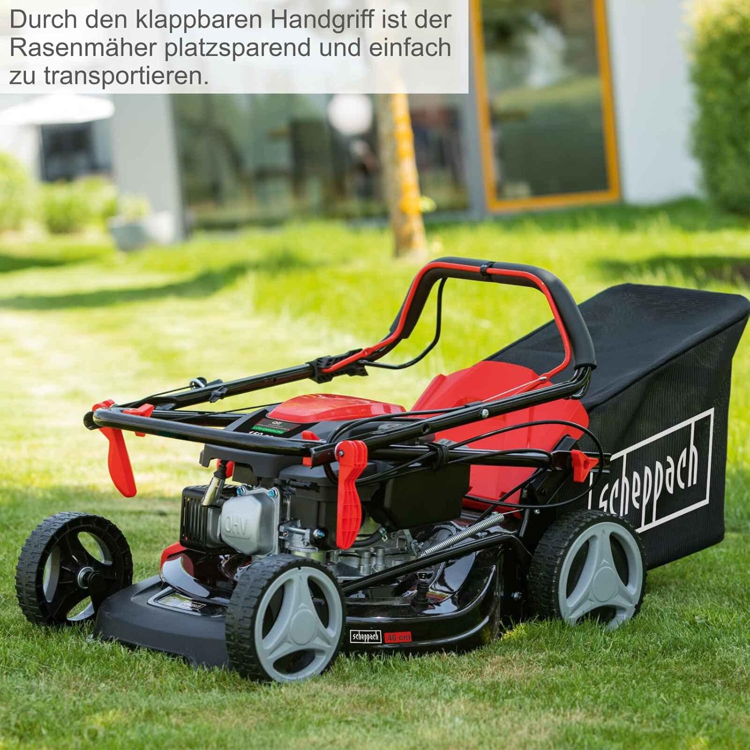 Scheppach MS161-46 Benzin Rasenmäher - 46 cm Schnittbreite | 55 Liter Fangkorb | Stahlgehäuse | 7-stufige Höhenverstellung | Mulchfunktion | Radantrieb | Seitenauswurf | inkl. Motoröl