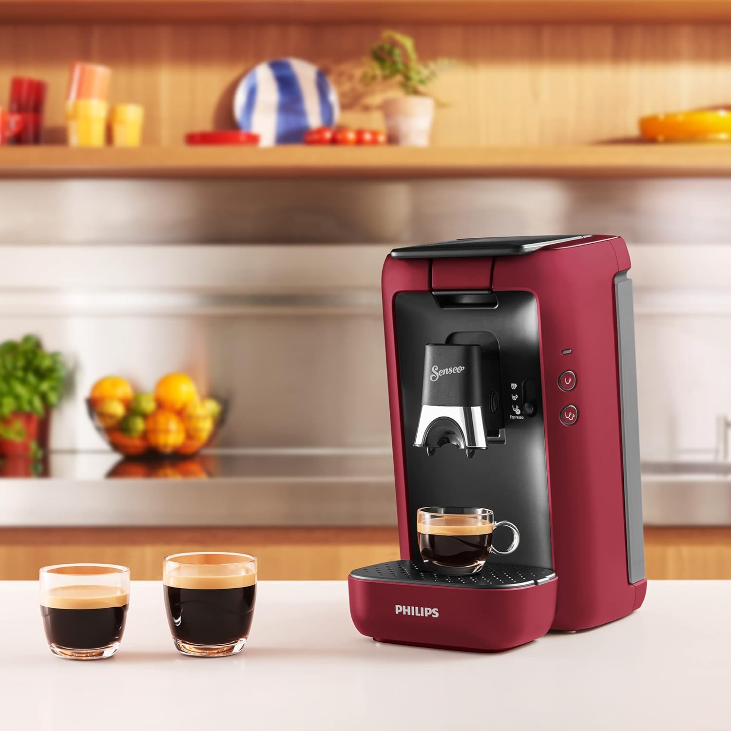 Philips Senseo Maestro Kaffeepadmaschine mit Kaffeestrkewahl und Memo-Funktion, 1,2 Liter Wasserbehlter, Grünes Produkt, Farbe: Rot (CSA260/90)