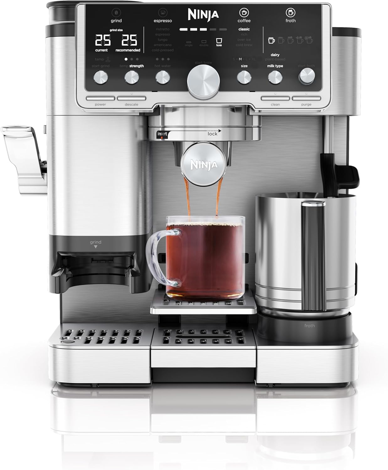 Ninja Luxe Essential 2-in-1-Kaffeemaschine mit Mahlwerk und Aufschäumer für Latte, Cappuccino & Espresso, einfache Handhabung, 2 Voreinstellungen zum Aufschäumen, Silber, ES501EU