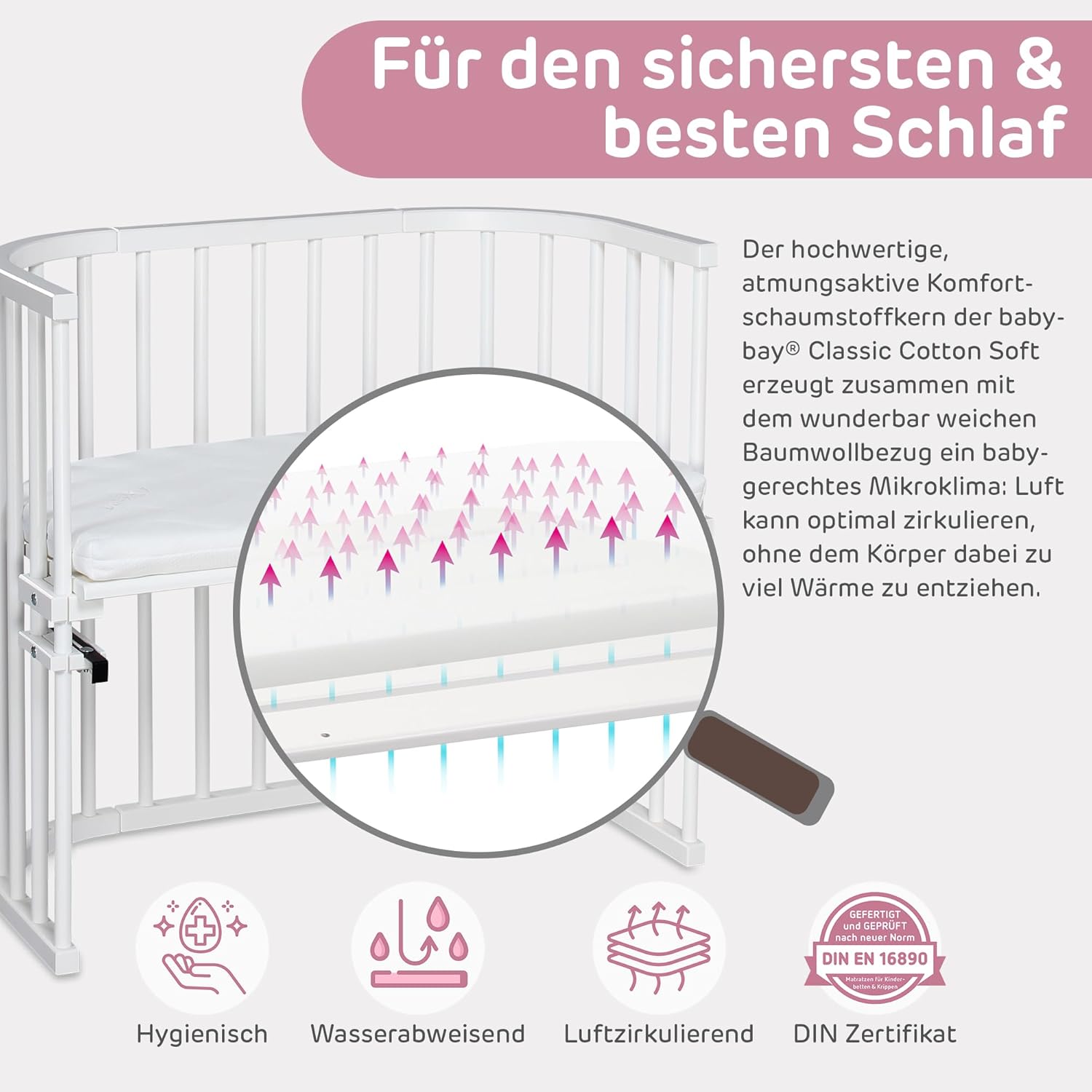 babybay Original Beistellbett aus massivem Buchenholz / kompakt & verwandelbar / Kinderbett Höhe stufenlos verstellbar & umweltfreundlich / mitwachsendes Babybett (weiß lackiert) / inkl. Matratze