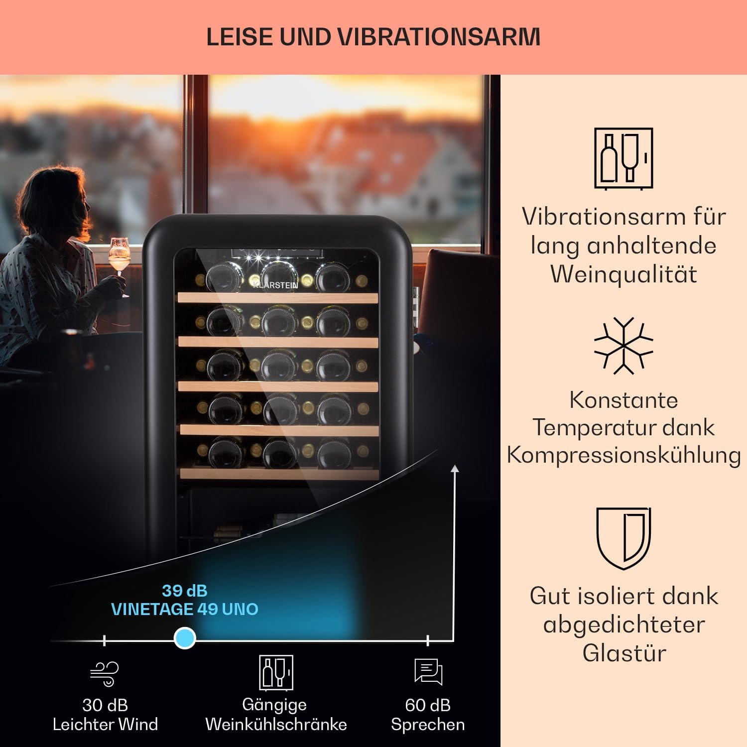 Klarstein Weinkühlschrank, Getränkekühlschrank Schmal, Kühlschrank mit Glastür, Getränkekühlschränke Freistehend, Weinkühlschrank Klein, Weinkühlschränke 1 Zone, UV-Schutz, 4-22 °C, 19 Flaschen