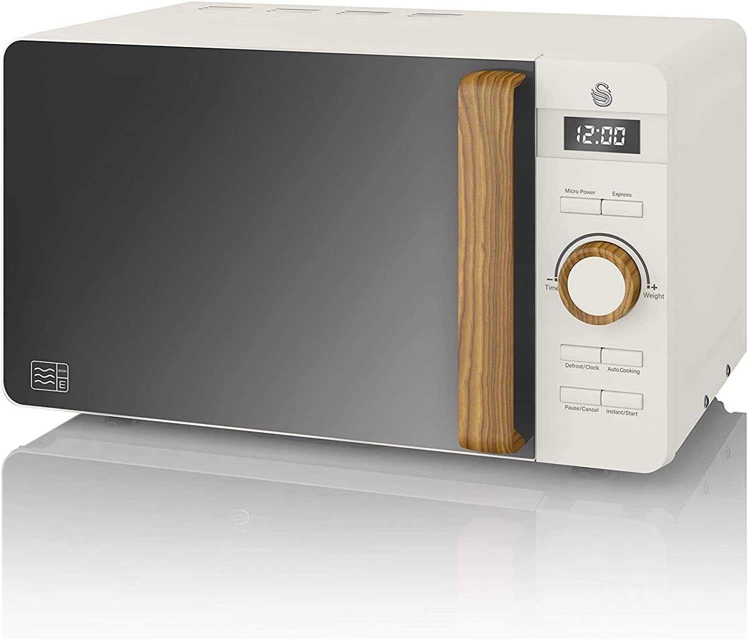 Swan Nordic Digital Mikrowelle 20L, 6 Betriebsstufen, 800W Leistung, Timer 30 min, Easy Clean, Auftaumodus, Modernes Design, Griff in Holzoptik, Matt Grün