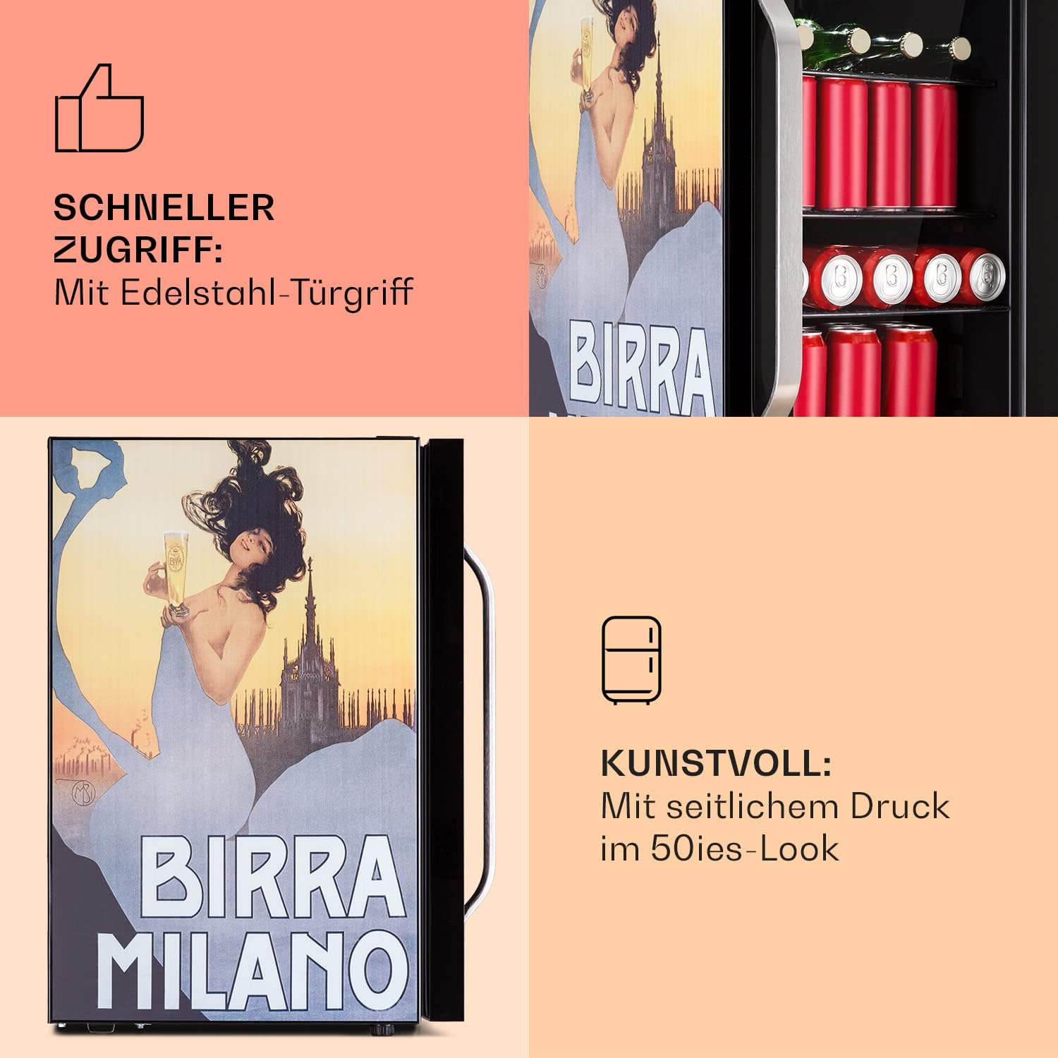 Klarstein Kühlschrank 70L, Kleiner Kühlschrank mit Herausnehmbaren Ablagen, Leiser Mini Kühlschrank mit Glastür & LED, Getränkekühlschrank Klein, Outdoor Geeignet, Biersafe für Flaschen, 0-10°C