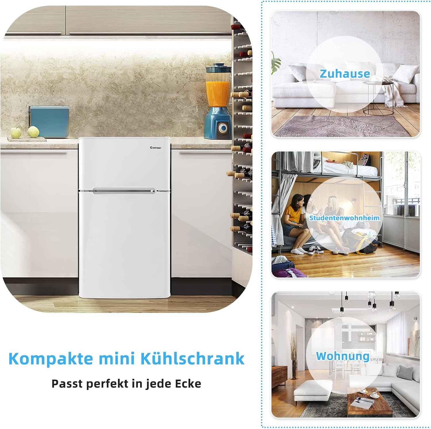 COSTWAY 90L Kühlschrank mit 27L Gefrierfach Kühl-Gefrier-Kombination Standkühlschrank Gefrierschrank mini Kühlschrank (weiß)