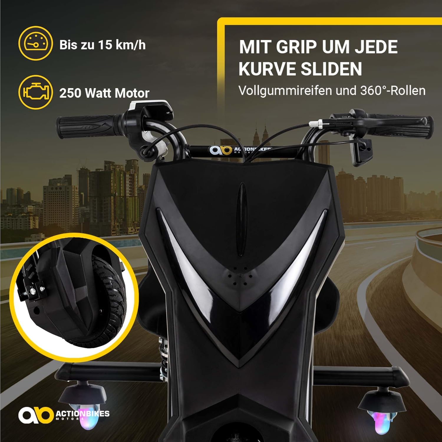 Actionbikes Motors Kinder Elektro Driftscooter | 𝟐𝟓𝟎 Watt Motor - Drift Cart 360°- 3 Geschwindigkeitsstufen - LED-Beleuchtung - Sitz verstellbar - Bluetooth - Drift Kart - Drift Auto (Space Purple)
